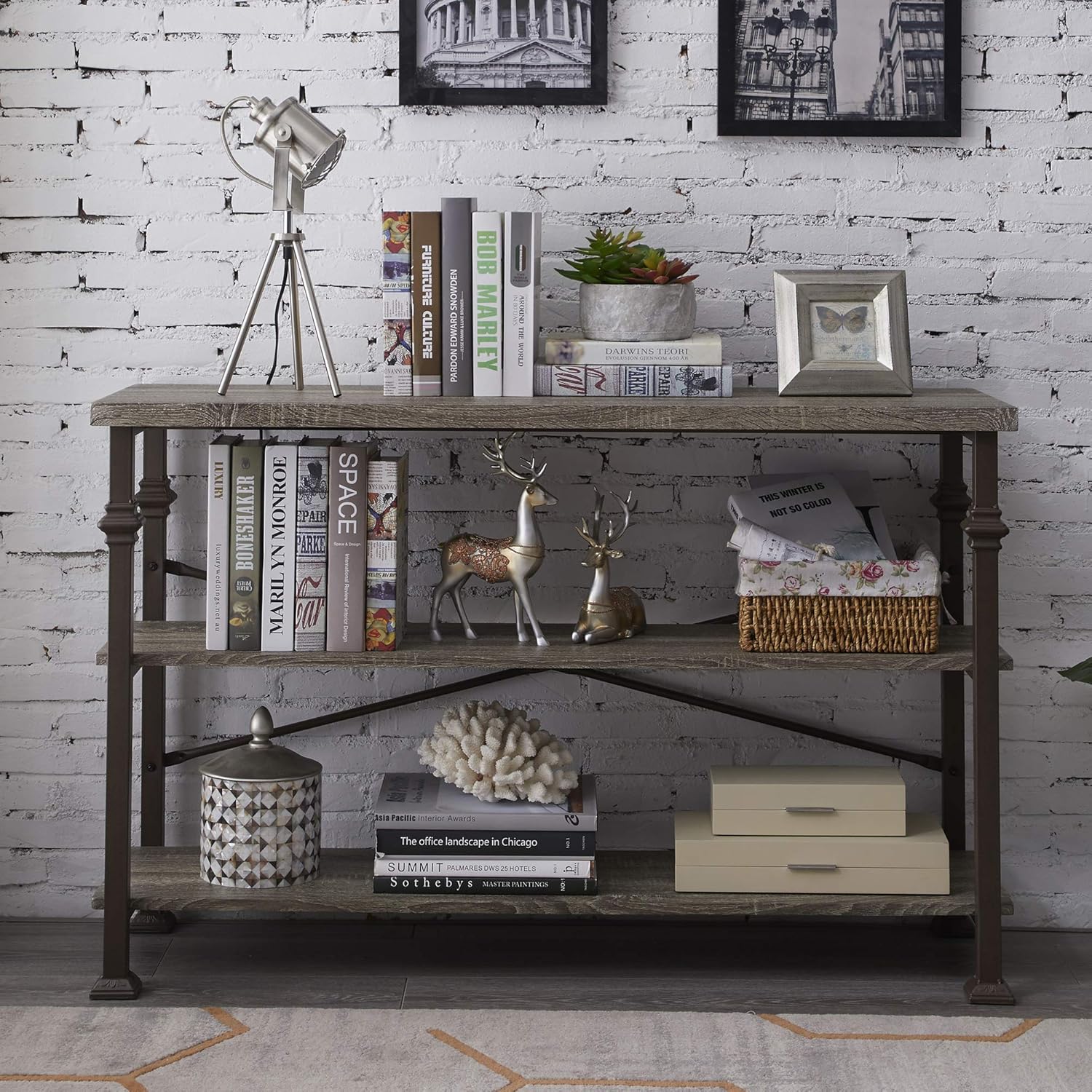 Hombazaar 3 Tier Console Sofa Table, Industrial Rustic Entryway Table with Storage Shelf for Living Room, Hallway, Grey Oak Finish, 47-Inch Long : Home & Kitchen