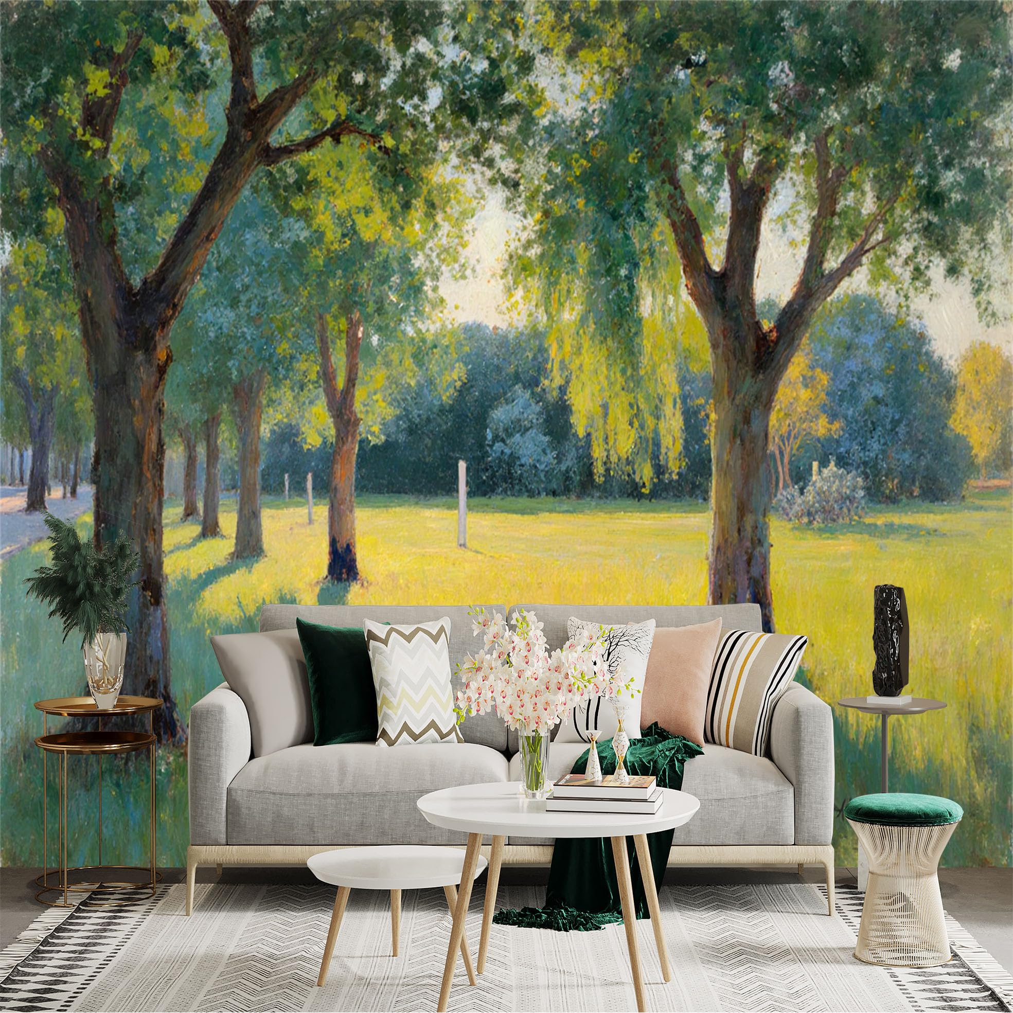 Custom Size Wall Sticker Mural， Sunlit Forest Meadow， Peaceful Summer Landscape， Lush Green Trees， Golden Morning Light， for wall Decoration， peelandstick wall Decals.