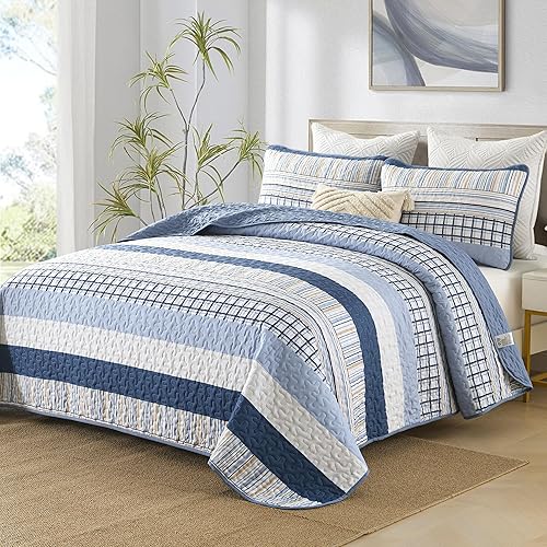 Vista 133 de DJY Juego de edredón a rayas tamaño Queen, juego de colcha bohemia de 3 piezas de color verde salvia, juego de ropa de cama de microfibra suave