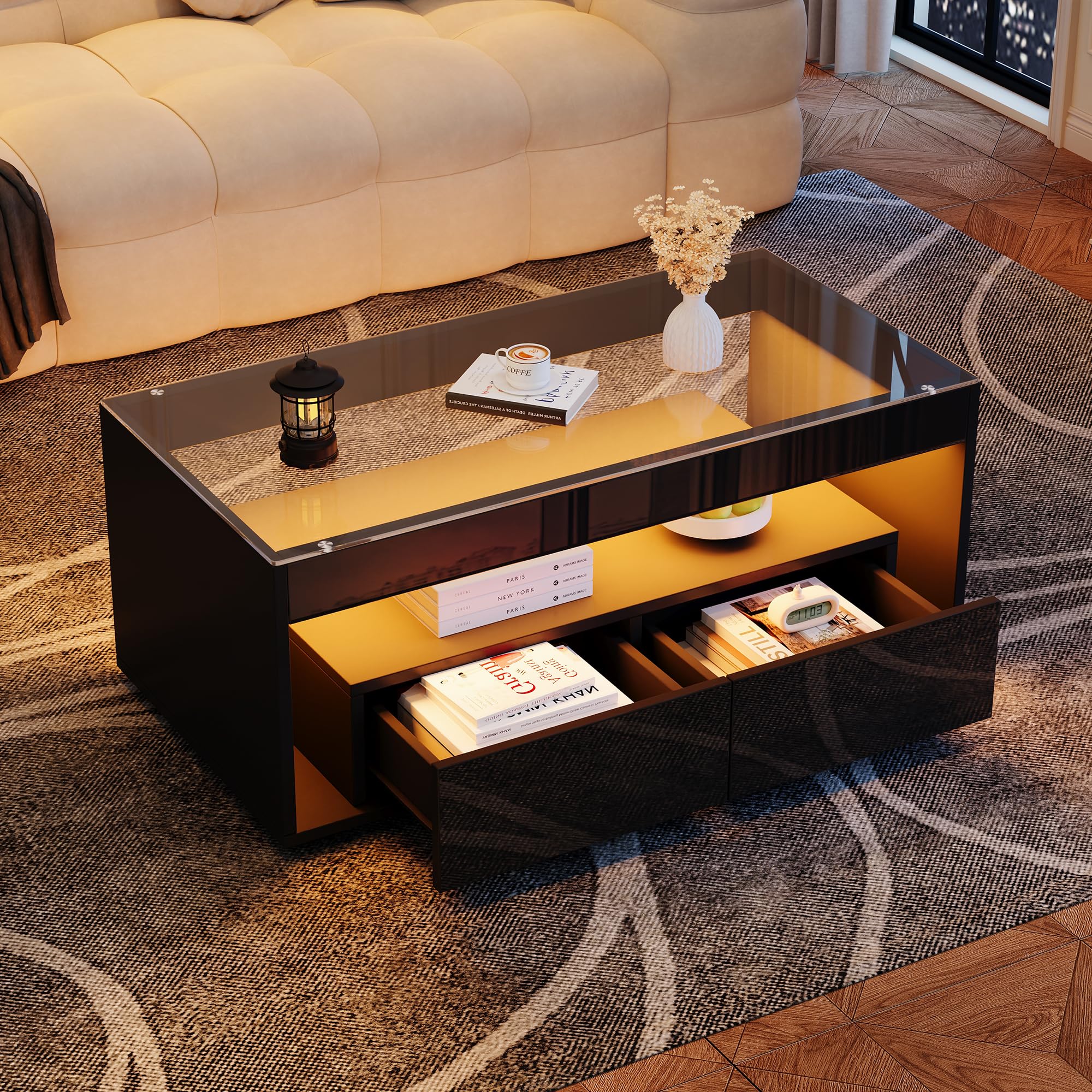 BTM High Gloss Coffee Table with Open Storage, LED lights, Centre Table with glass tabletop, Sofa Side Table with 2 drawers, Coffee End Table with LED for Living Room, Office, 100 * 50 * 40cm, Black — image 1