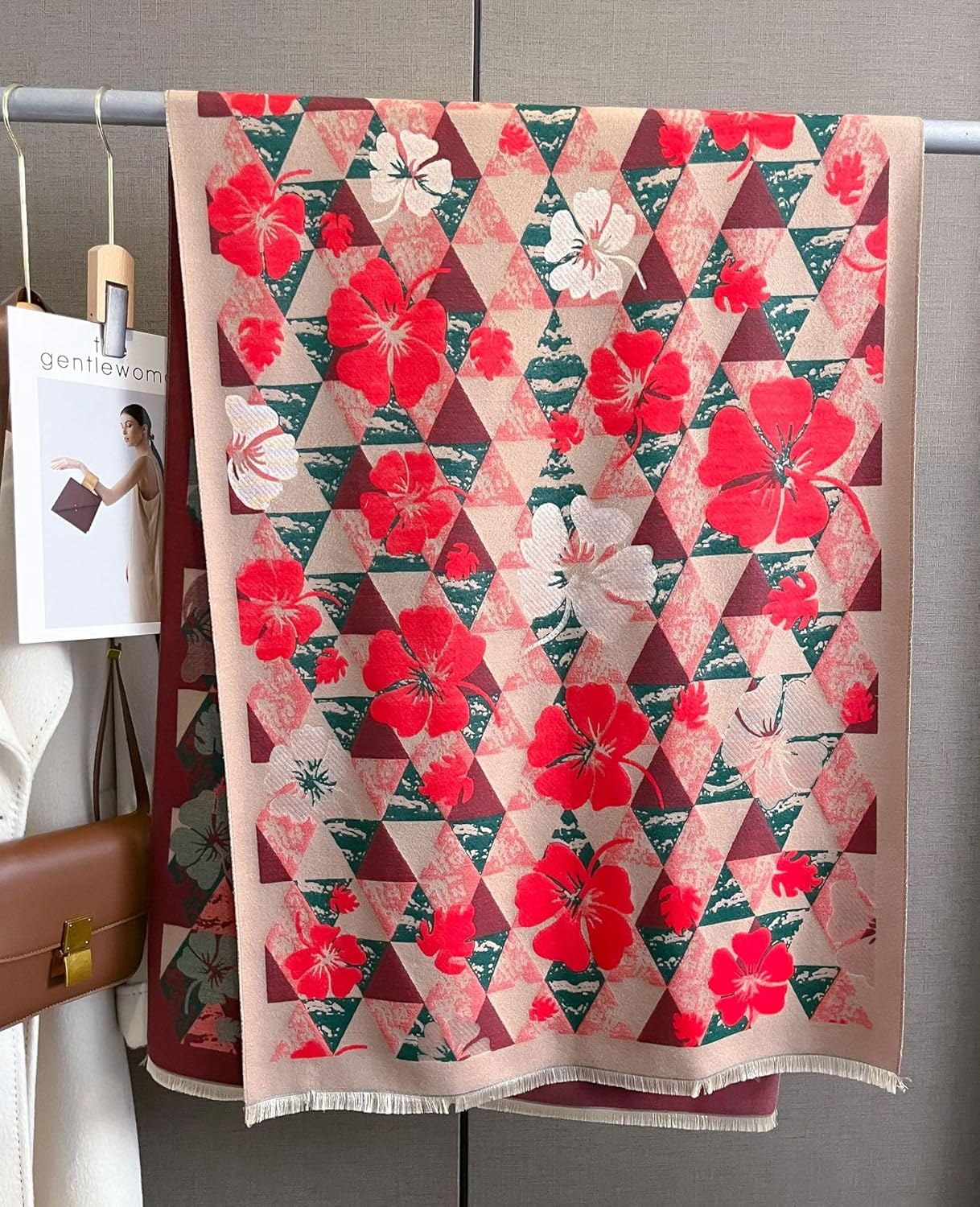 First Choose Women's Blanket Chunky, Pashmina Shawls Wraps Oversized Winter & Fall Warm Scarfs Soft Cashmere Feel for Women (Red Flowers) - Image 5