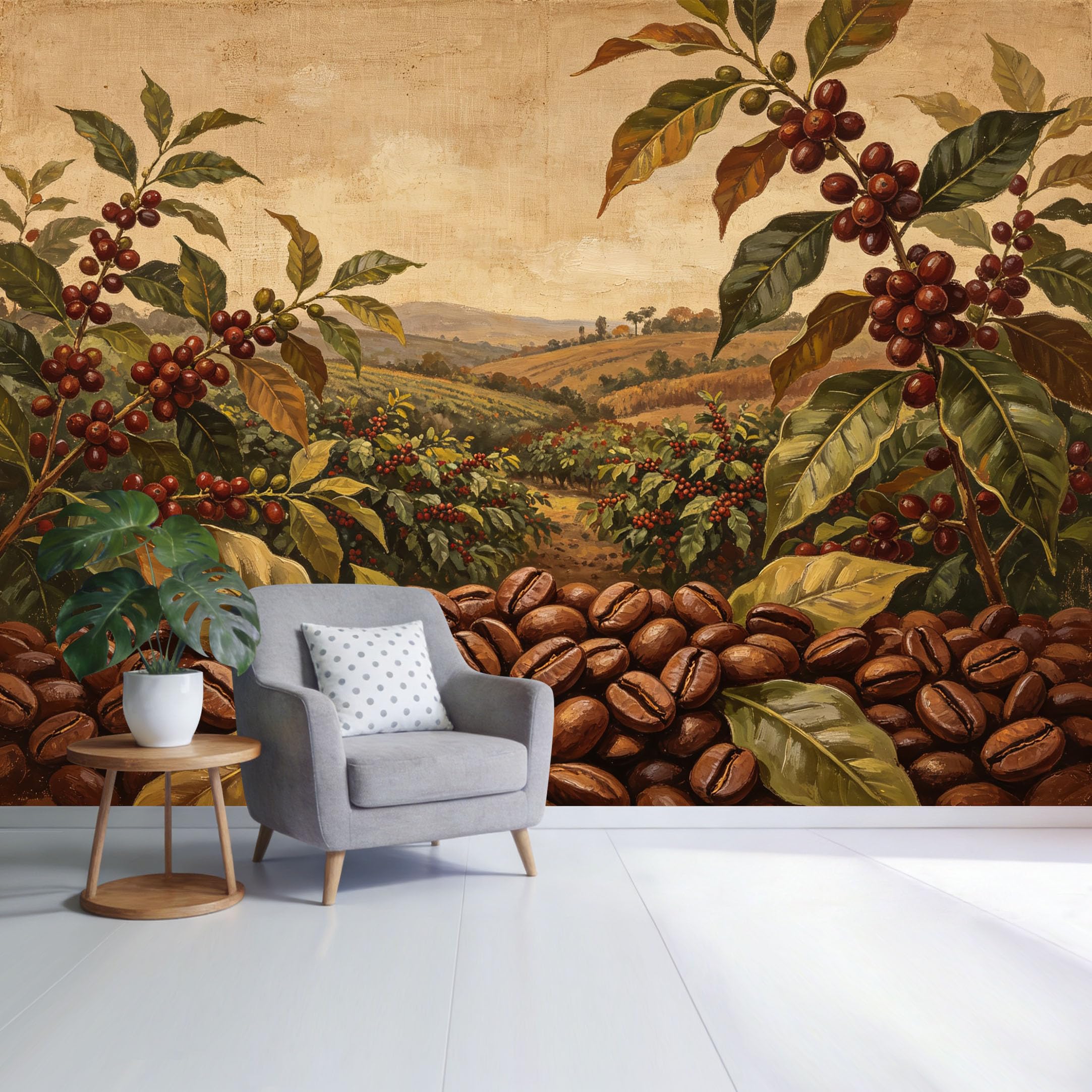 Custom Size Wall Mural Coffee Plantation Landscape Botanical Beans Harvest Vintage Style SelfAdhesive Wall Fabric Removable Wallpaper for Home Office Decor