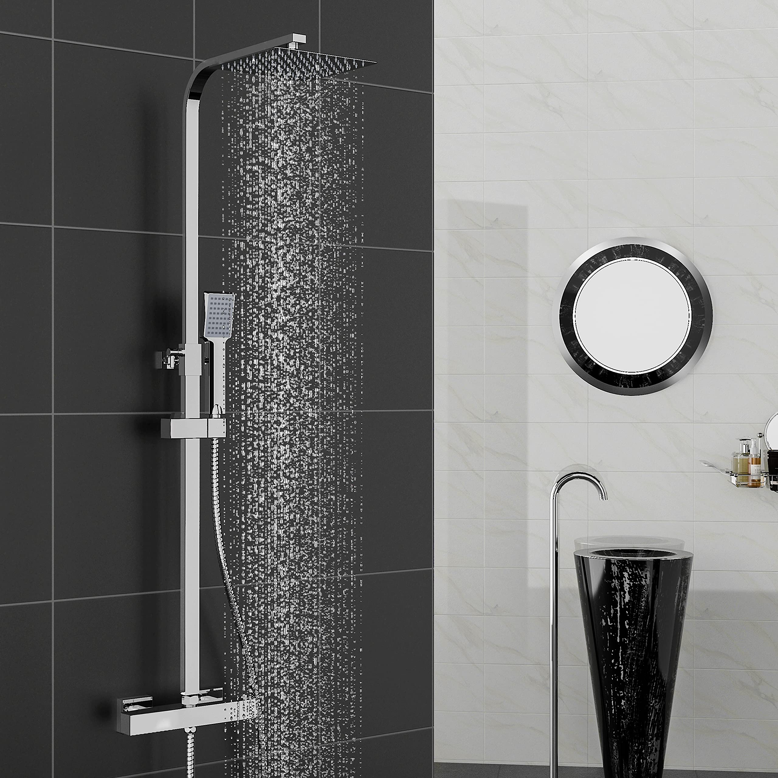 Aica Sanitarios Columna Ducha Termostatico, sistema de Ducha con Rociador y Teleducha,Barra de Altura Ajustable, Conjunto de Ducha Cromado.