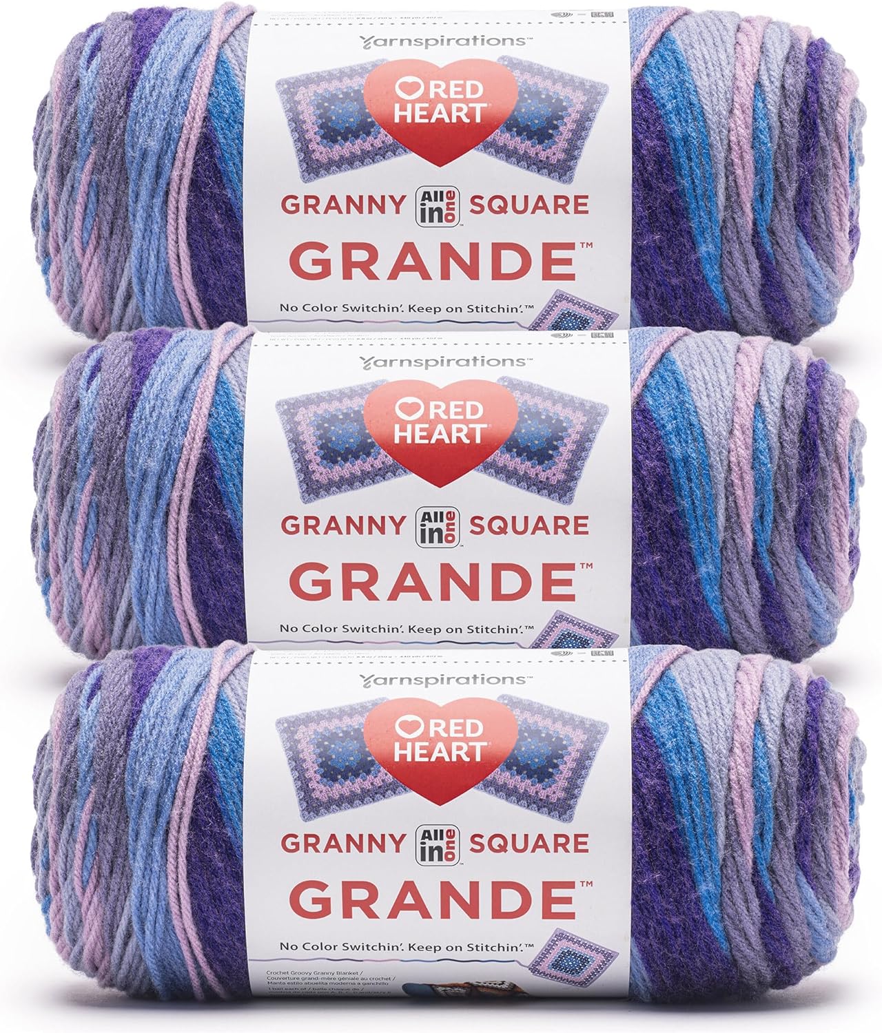 Red Heart All in One Granny Square Grande Topnotch Yarn - 3 Pack of 250g/8.8oz - 100% Acrylic - #4 Worsted (Medium) - 440 Yards - Knitting/Crochet