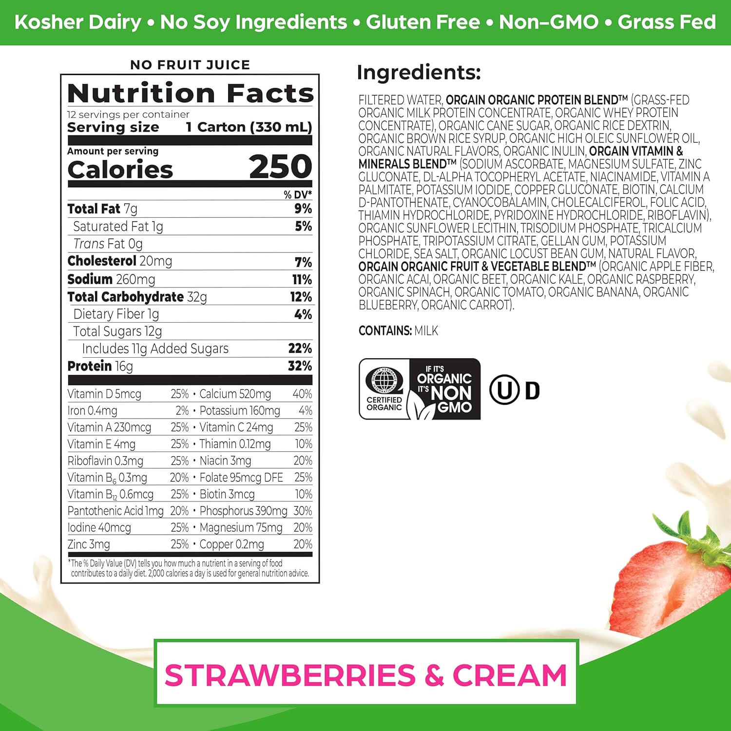 Orgain Clean Protein Shake, Grass Fed Dairy, Vanilla Bean (Pack of 12) and Orgain Organic Nutritional Protein Shake, Strawberries & Cream (Pack of 12)