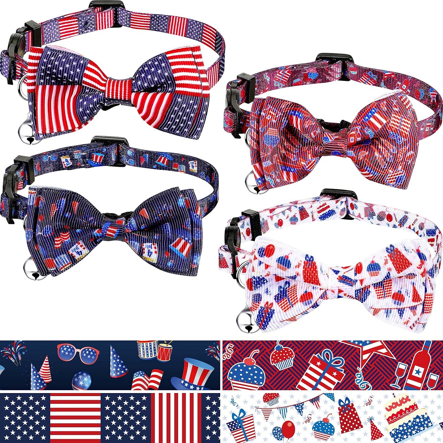 4 Pieces Cat Collar Patriotic Cat Bow Tie Collar with Bell Independence Day Pet Collar US Flag Adjustable Kitten Collar in Star Stripe…