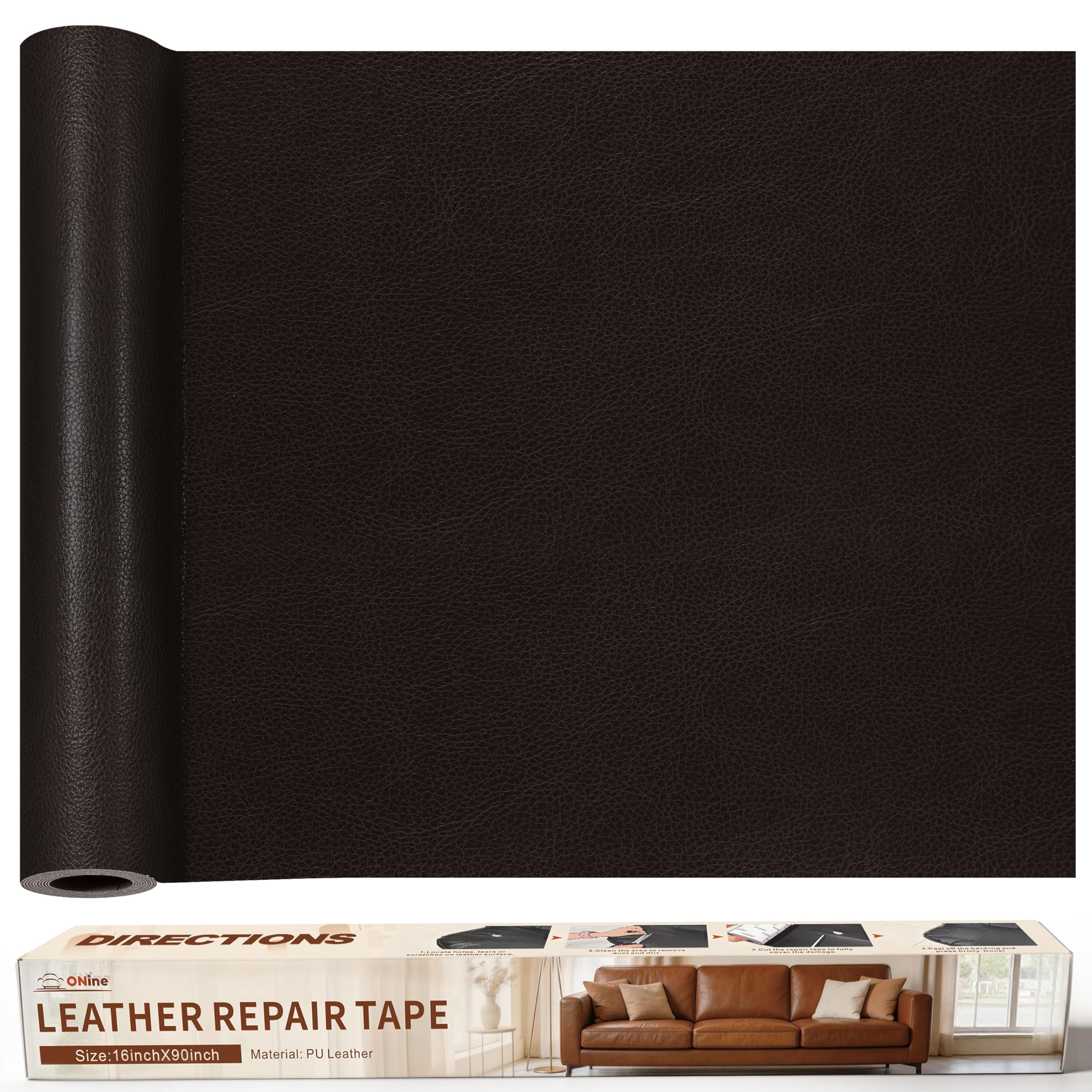 ONine Leather Repair Patch，Leather Repair Tape, 16 x 90 inches Leather Repair Patch for Furniture,Vinyl Repair kit，Leather Couch Patch，for Sofas, Furniture, car Seats(Black Brown)