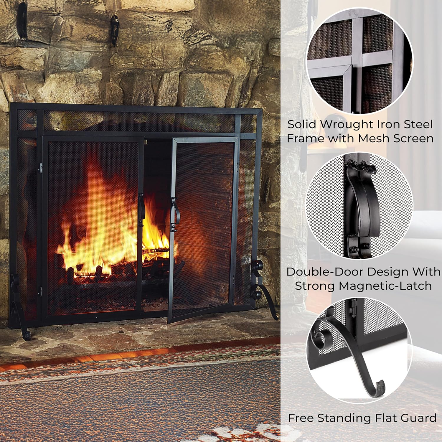 Plow & Hearth Metal Fireplace Screen Mesh Black | 44" W x 33" H | Dual Magnetic Hinged Doors | Spark Guard Cover | Stand Alone Wrought Iron Panel Fire Place Cover