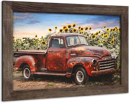 TRUCK FURNITURE　アートポスター　フレーム　② Amazon.com: Sunflower Red Truck Wood Framed Wall Art, 24x16 Inch