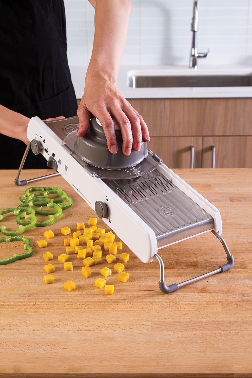 Progressive Mandoline , Non-Skid Feet, Slice, Julienne, Cube, 4-Adjustable Thicknesses, Saftey Hand Guard, Compact Storage, White
