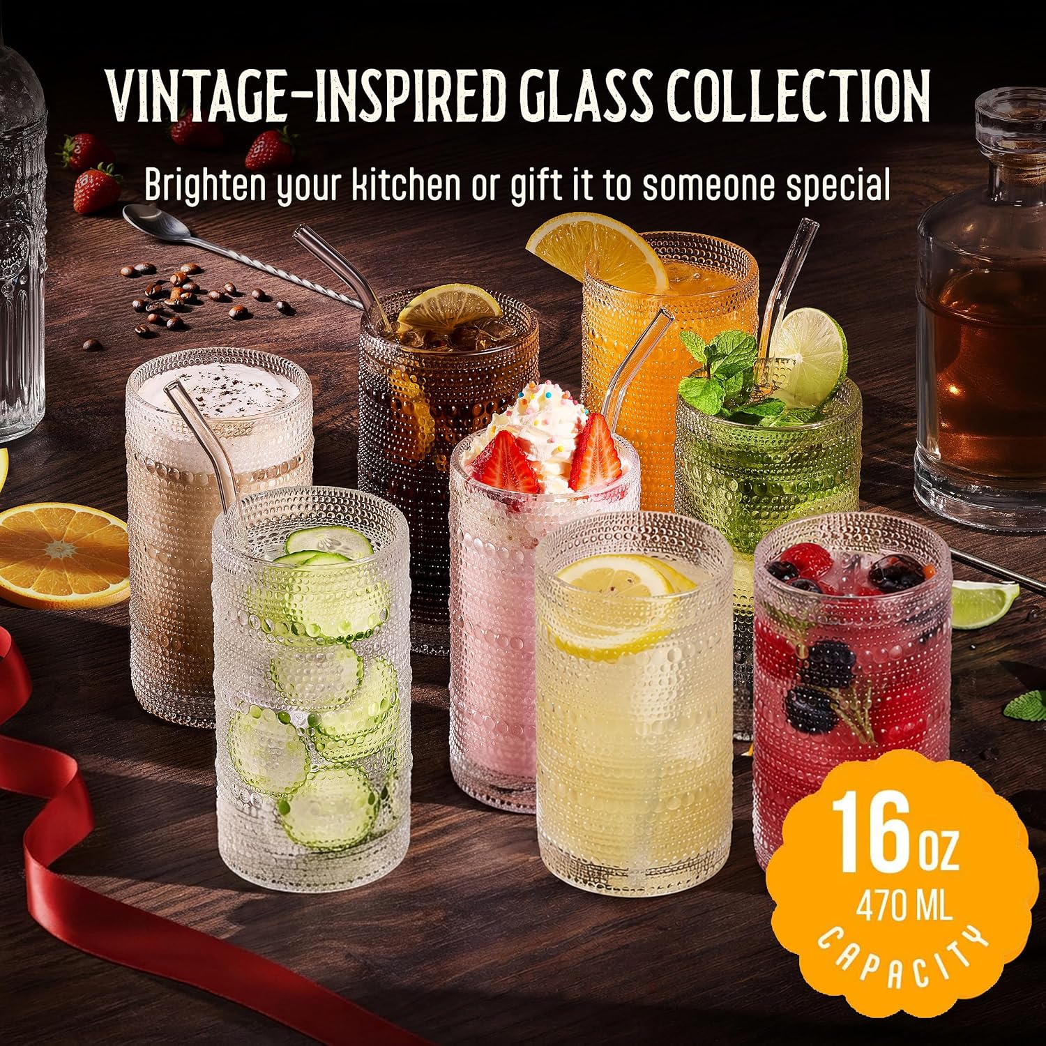 16 Oz Hobnail Drinking Glasses Set of 8 - Clear Multipurpose Glassware Sets, Decorative & Stylish Glasses Drinking Set for Bar, Kitchen, Cocktail Glassware, Garden - Home, Dining, & Kitchen