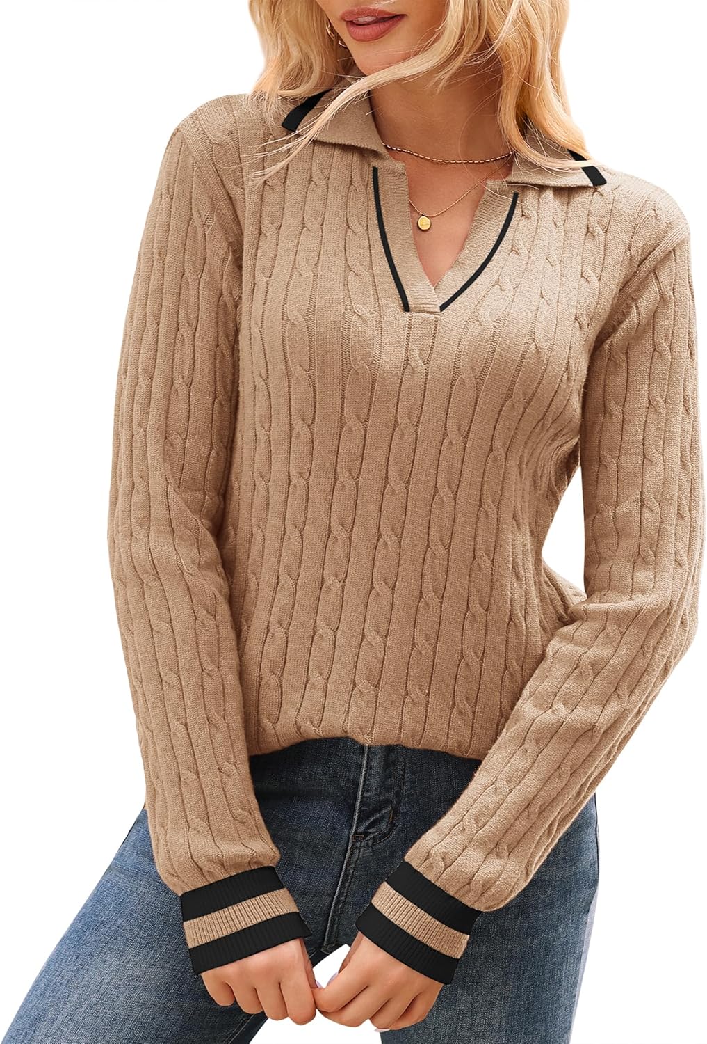 Arolina Womens Cable Knit Sweaters Long Sleeve V Neck Pullover Tops Casual Lightweight Polo Sweater Fashion Fall Outfits - Image 7