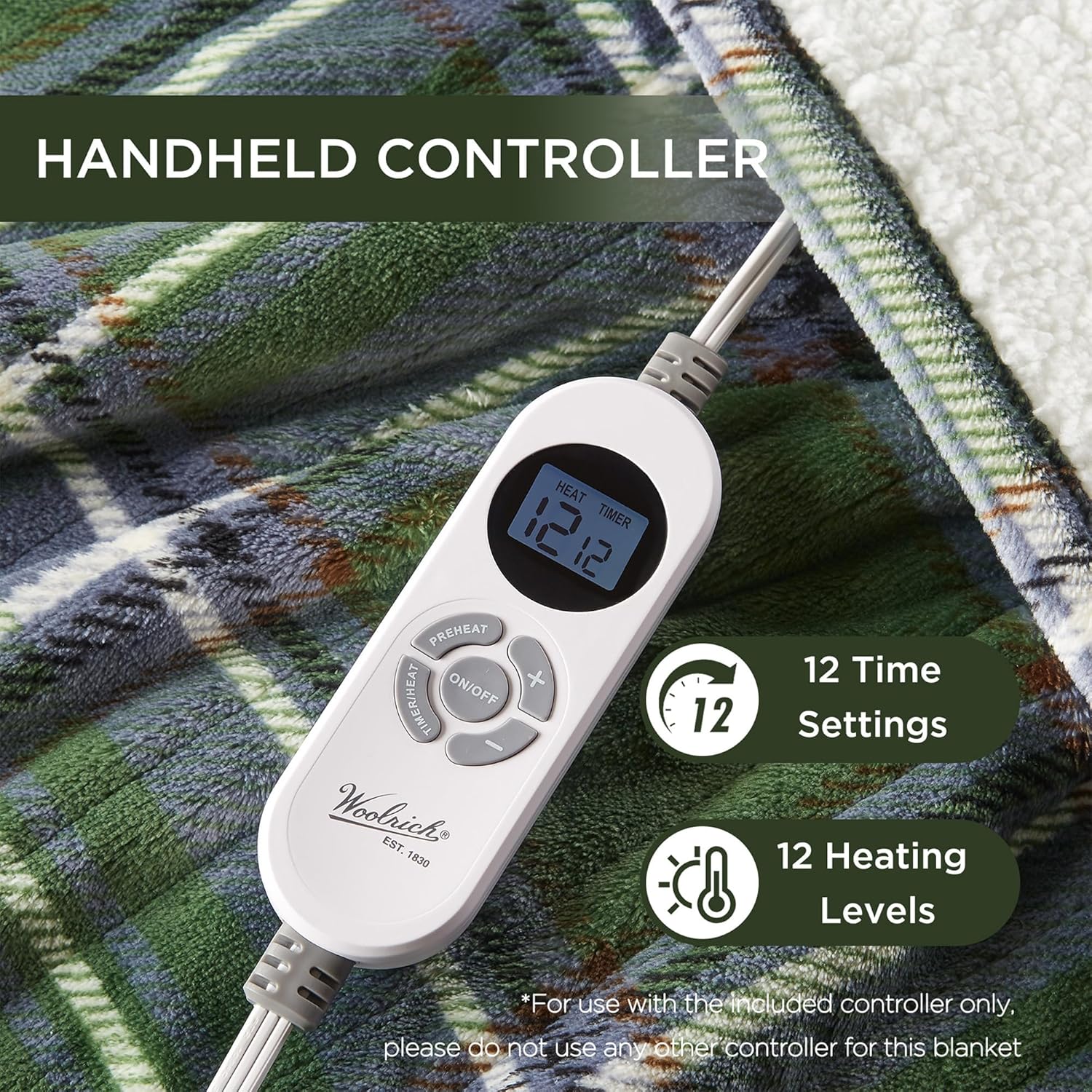 Woolrich Heated Throw Blanket with Ultra Soft Plush and Sherpa Reverse, 12 Heat Settings, Auto Shut-Off, Farmhouse & English Country Gift Throw – Green Plaid Pattern, 50"x60" - Image 4