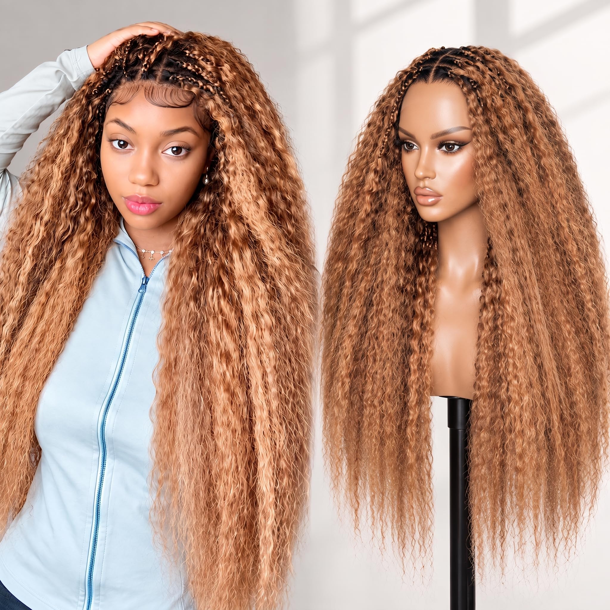 26 Inch Kinky Straight Boho Braided Wig for Black Women, Ultra Full Density Glueless Wig, Swiss HD Full Lace, 360 Pre-Cut HD Lace, Drawstring & Combs - 4/30 Ble