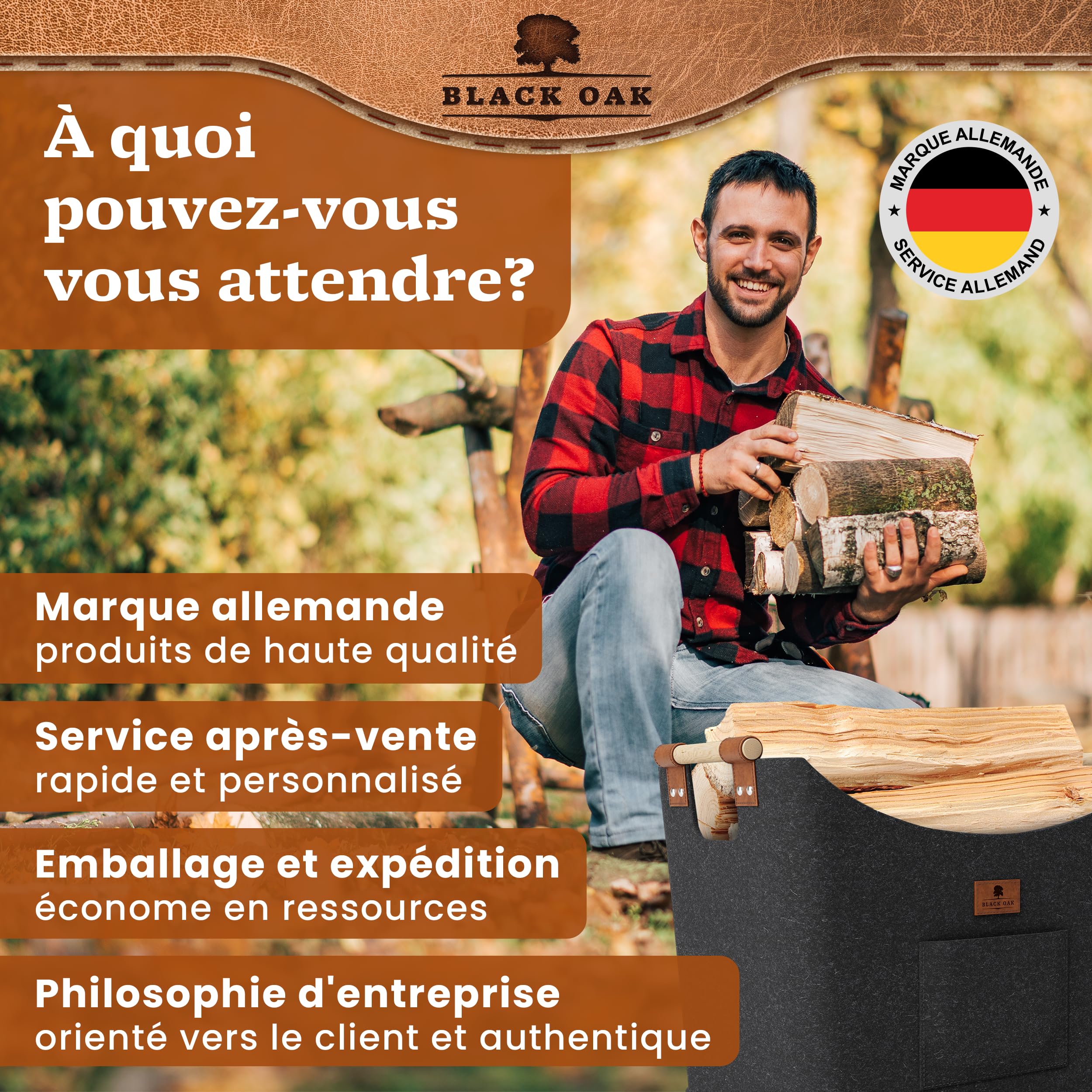 BLACK OAK Montana XL Panier en feutre et bois pour bois de chauffage, cuir véritable, poignées larges, poche avant extra grande, pliable