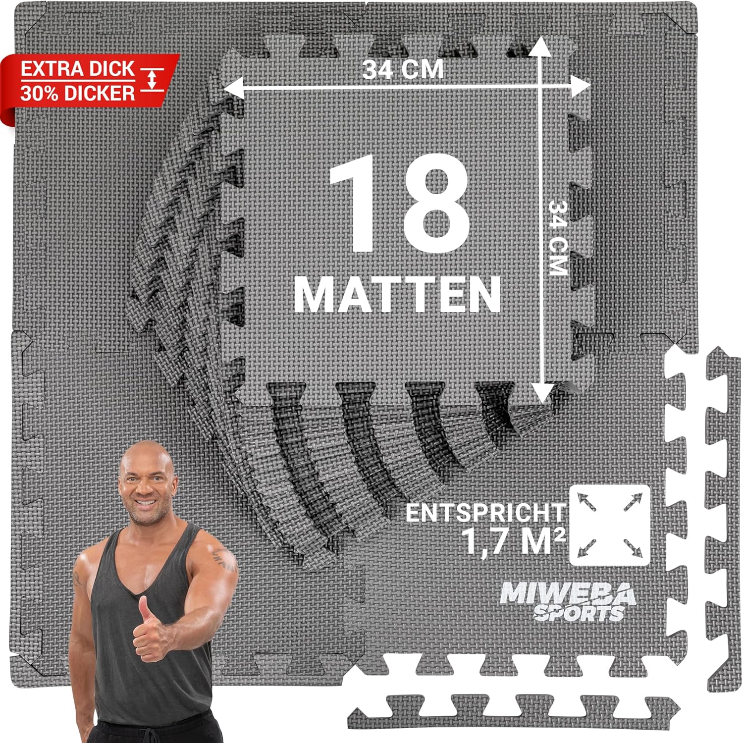 Miweba Sports Bodenschutzmatte BS50 | 8-teilig 1,7 m² – Yogamatte Gymnastikmatte Puzzlematte Fitness Sportmatte Fitnessmatte Gummimatte Turnmatte Trainingsmatte Puzzle Matte Bodenmatte