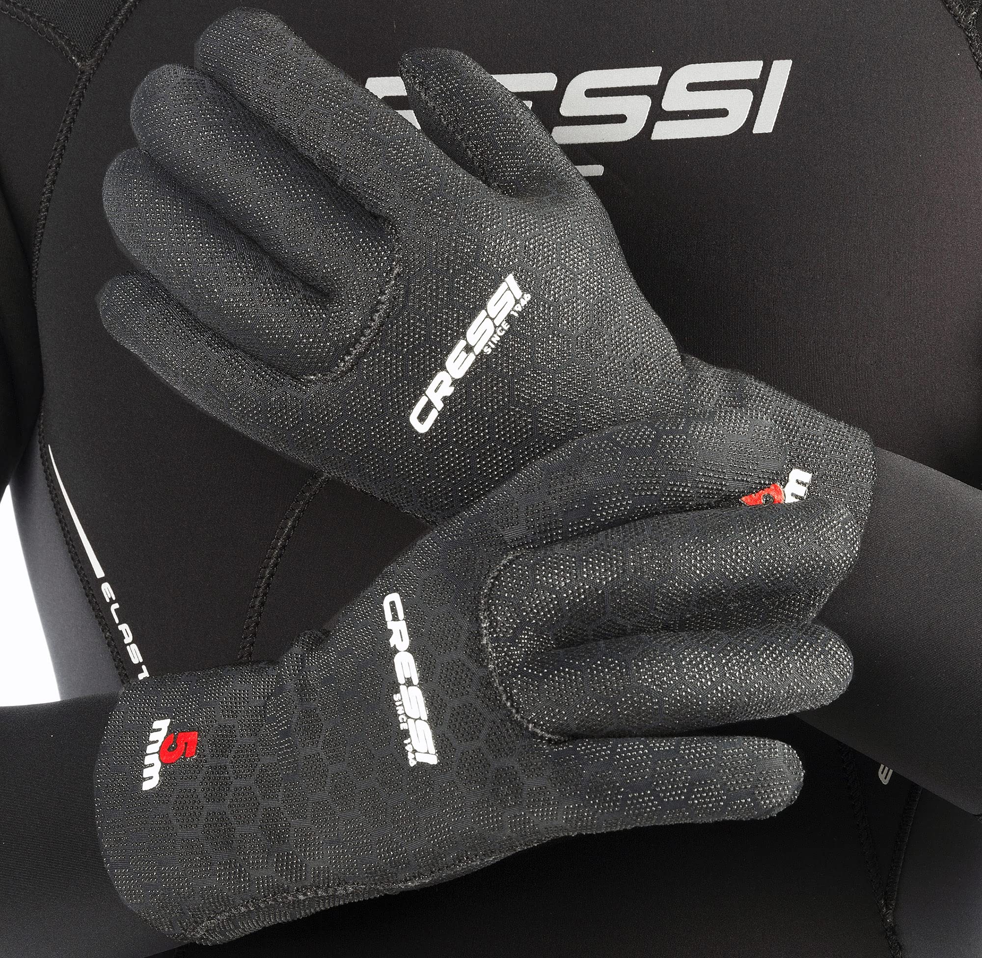 Cressi High Stretch Neoprene Diving Gloves - Black, Medium/5 mm, Black/Red Logo - Image 2