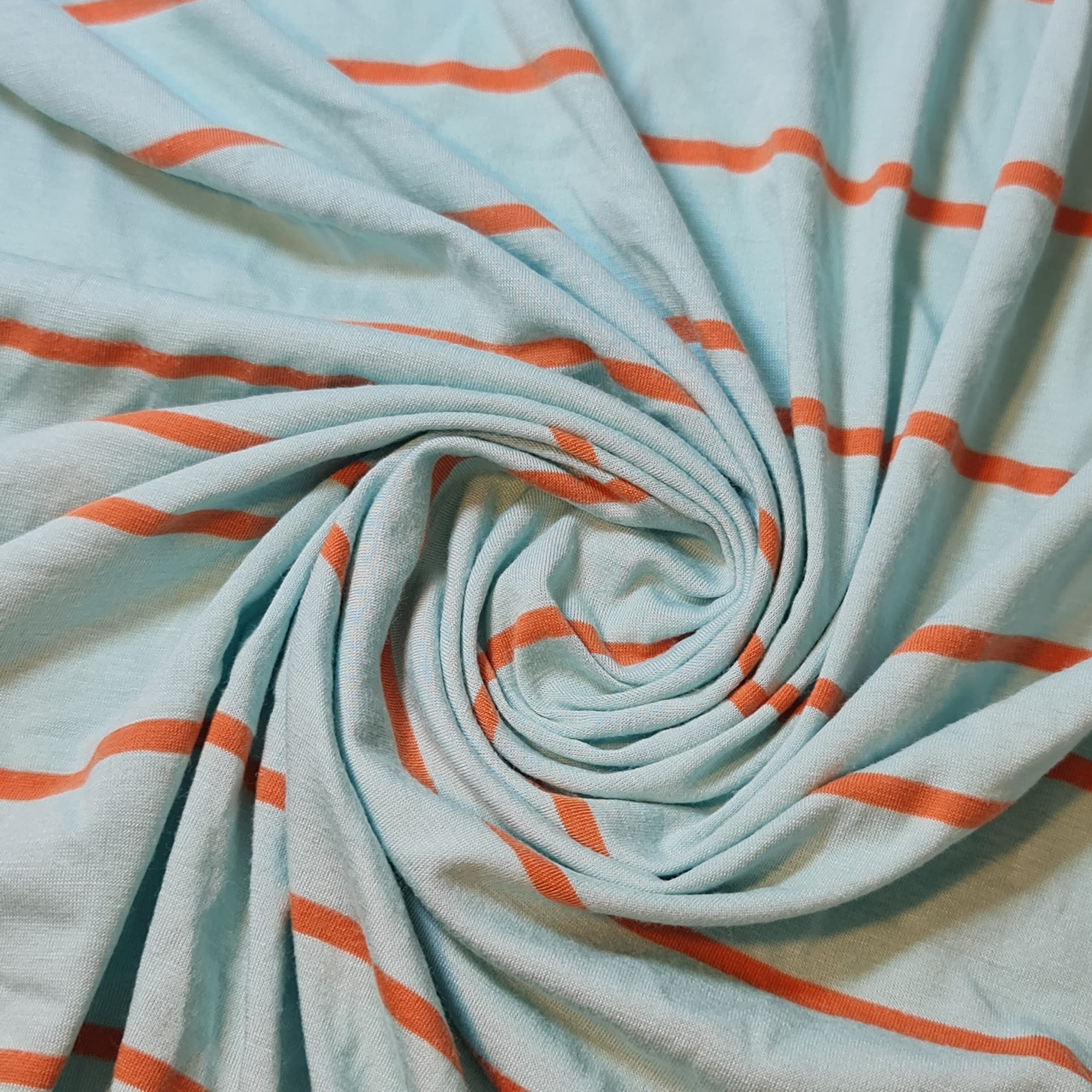 Soft Printed Cotton Jersey Stretch Knit Fabric – Ideal for T-Shirts, Babywear, Dressmaking & Crafts | 58" (150cm) Wide | Sold Per Meter (Pre-Cut) (Turquoise Orange Stripe) — image 1