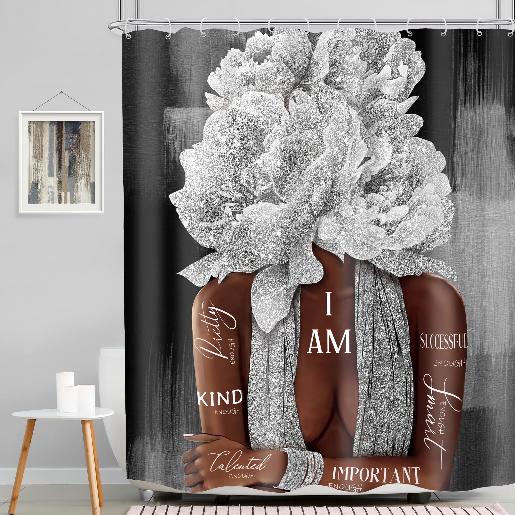MESHELLY Black Girl Shower Curtain 60Wx72H Grey Silver (Not Glitter) African American Peony Floral Bathroom Curtain Black Woman Gray Rose Flower