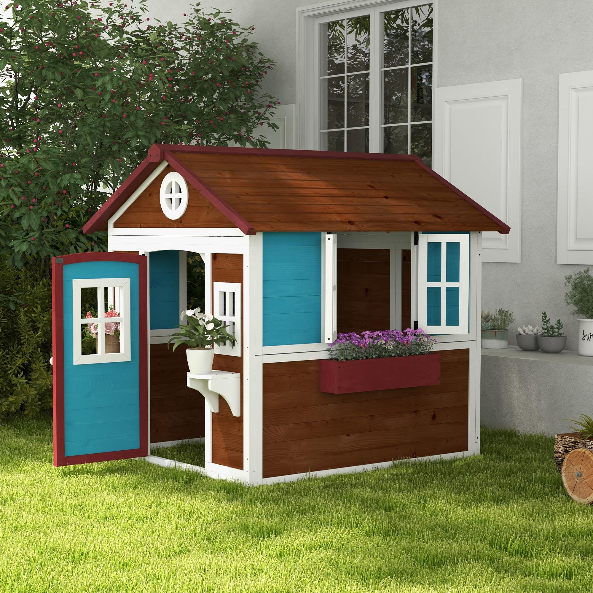 Outsunny Casita Infantil Madera Puerta Ventanas Jardineras Soportes Flores Casa Jardín Niños 3-8 Años Marrón Oscuro