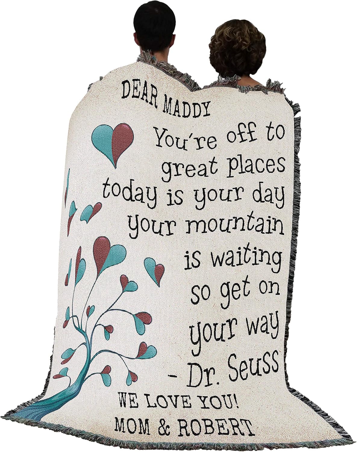 Pure Country Weavers Your Off to Great Places Blanket Tree and Hearts - Personalized - Custom Graduation Gift Tapestry Throw Woven from Cotton - Made in the USA (72x54)