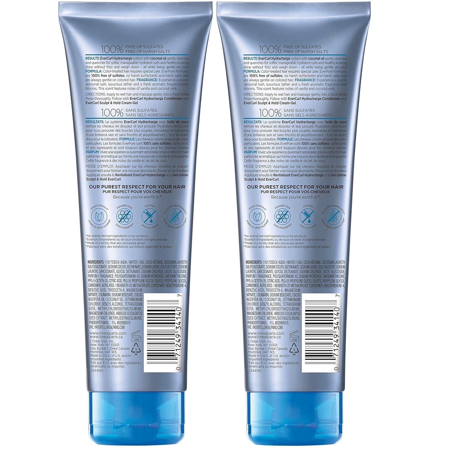 L'Oreal Paris EverCurl Sulfate Free Shampoo for Curly Hair, Lightweight, Anti-Frizz Hydration, Gentle on Curls, with Coconut Oil, 2 Count (8.5 Fl; Oz each) (Packaging May Vary)
