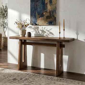 59.25 Modern Minimalist Wood Veneer Entryway Console Table, Walnut Brown
