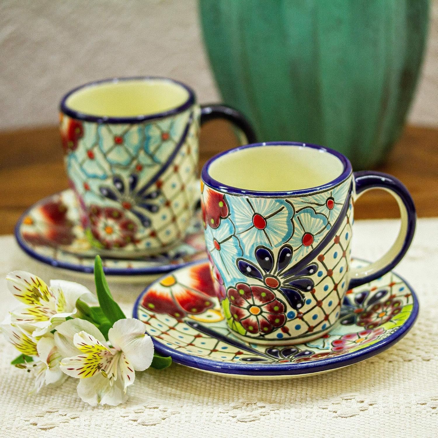 NOVICA Artisan Handmade Ceramic Cups Saucers Talaverastyle Multicolor Mexico Tableware Dinnerware Painted Floral 'Colors of Mexico' (Pair)