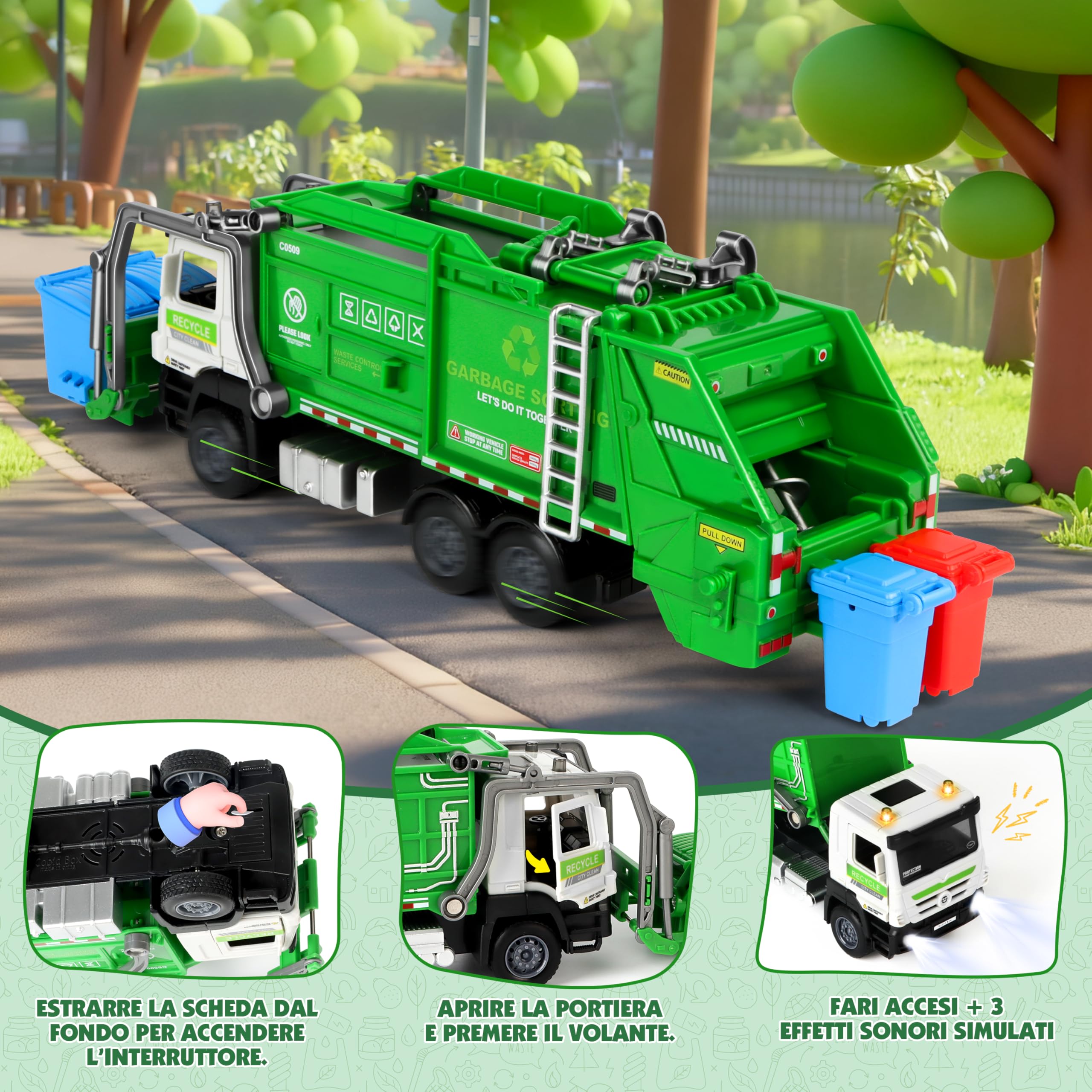 Charmofun Camion Spazzatura, Camion dei Rifiuti con 6 bidoni della spazzatura, 180 Carte del Rifiuto, Luci e Suoni, Camions Immondizia Regalo per Bambini e Bambine 3+