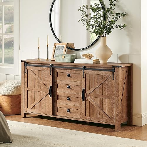 T4TREAM 60'' Farmhouse Dresser Chests for Bedroom w/4 Drawers & Sliding Barn Doors, Tall Chest of Drawers, Rustic Dresser TV Stand, Organizer for Bedroom, Living Room, Kitchen, Light Tree Knot