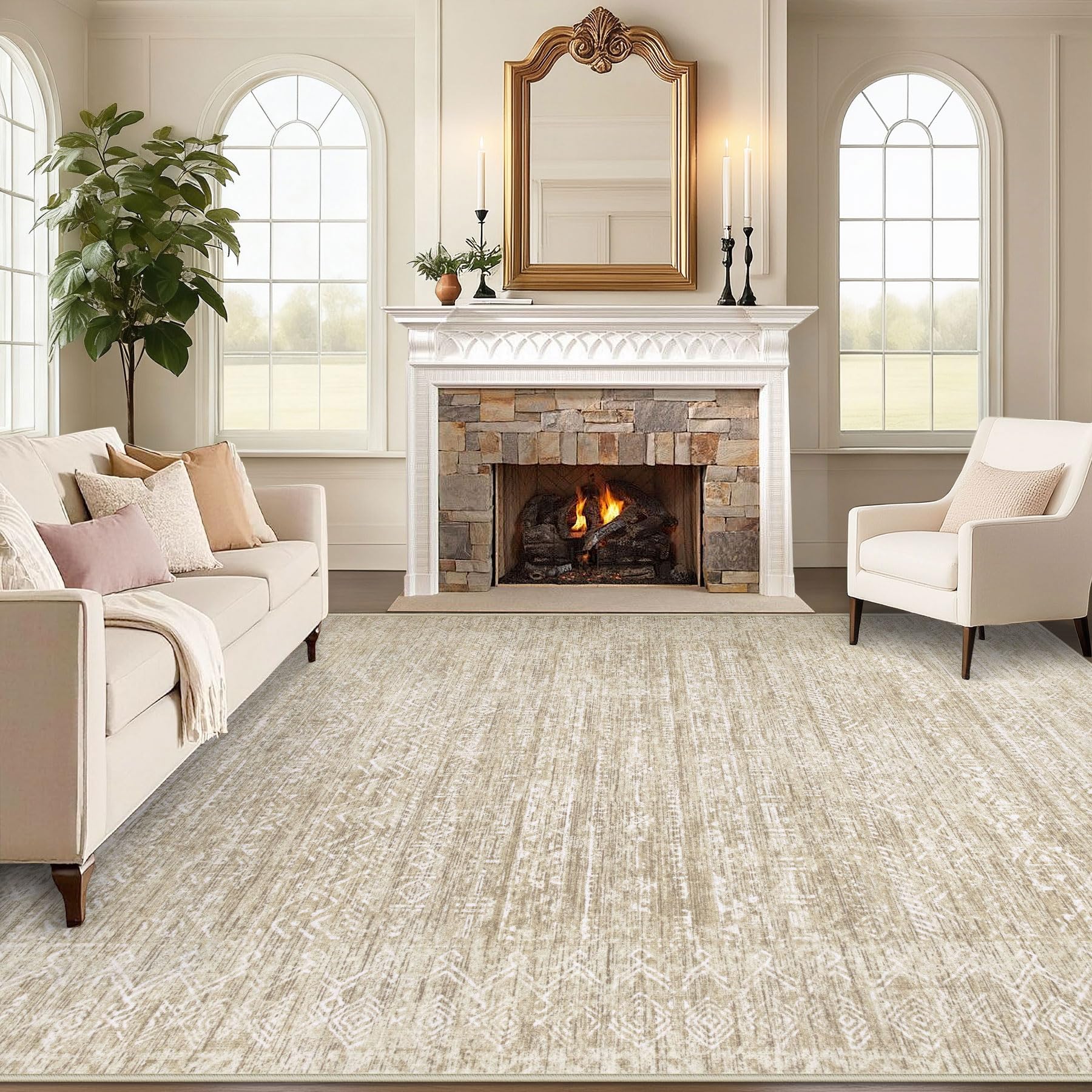 Washable Rug Area Rugs: Modern Geometric Rugs for Living Room Non Slip Soft Low Pile Moroccan Indoor Carpet for Bedroom Nursery Dining Room Home Office (Beige)