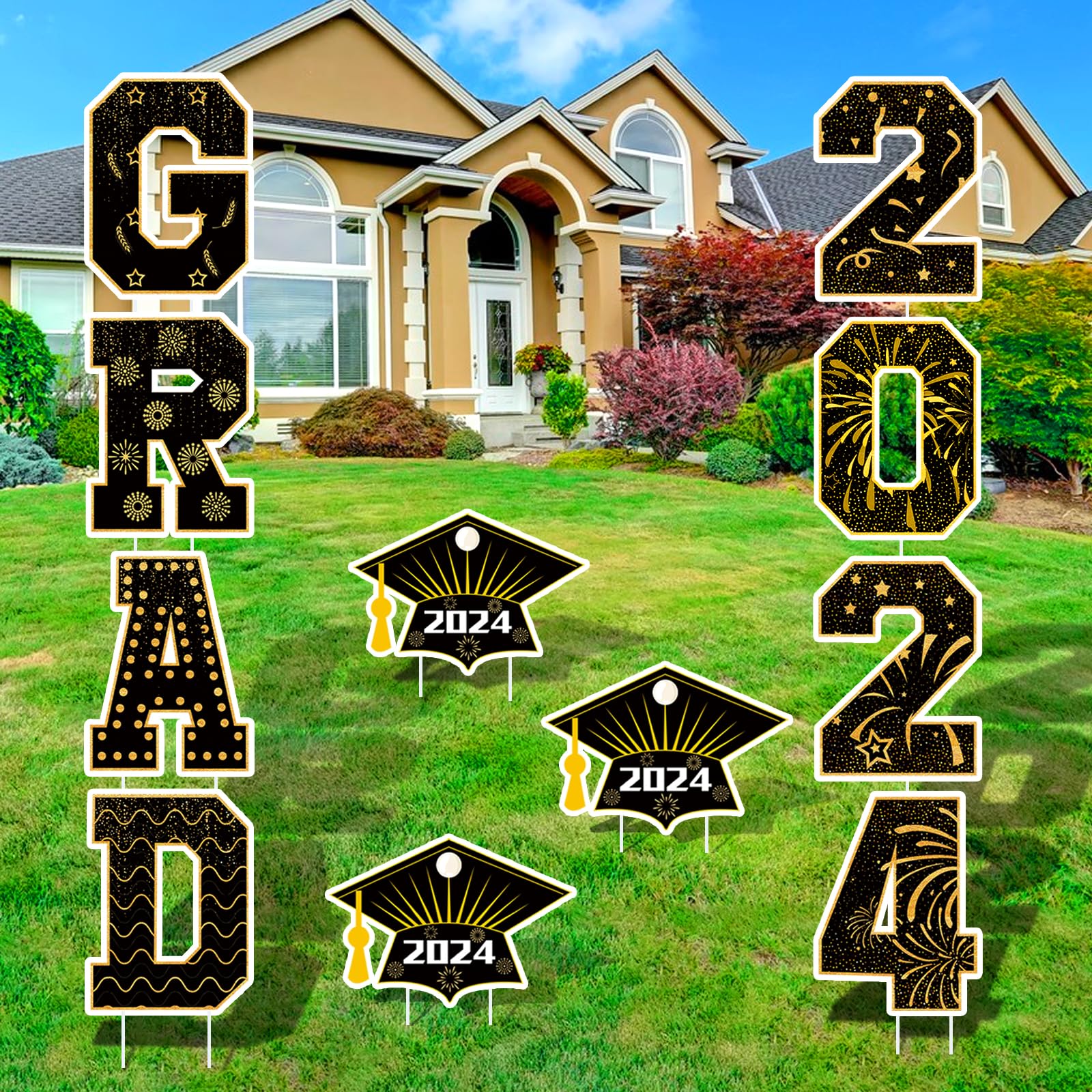 Graduation Yard Signs Decorations Class Of 2024 15 Inch Graduation Yard Sign 11 PCS Black Gold Congrats Grad Lawn Signs with 22 Stakes High School College Graduation Party Decoration Outdoor