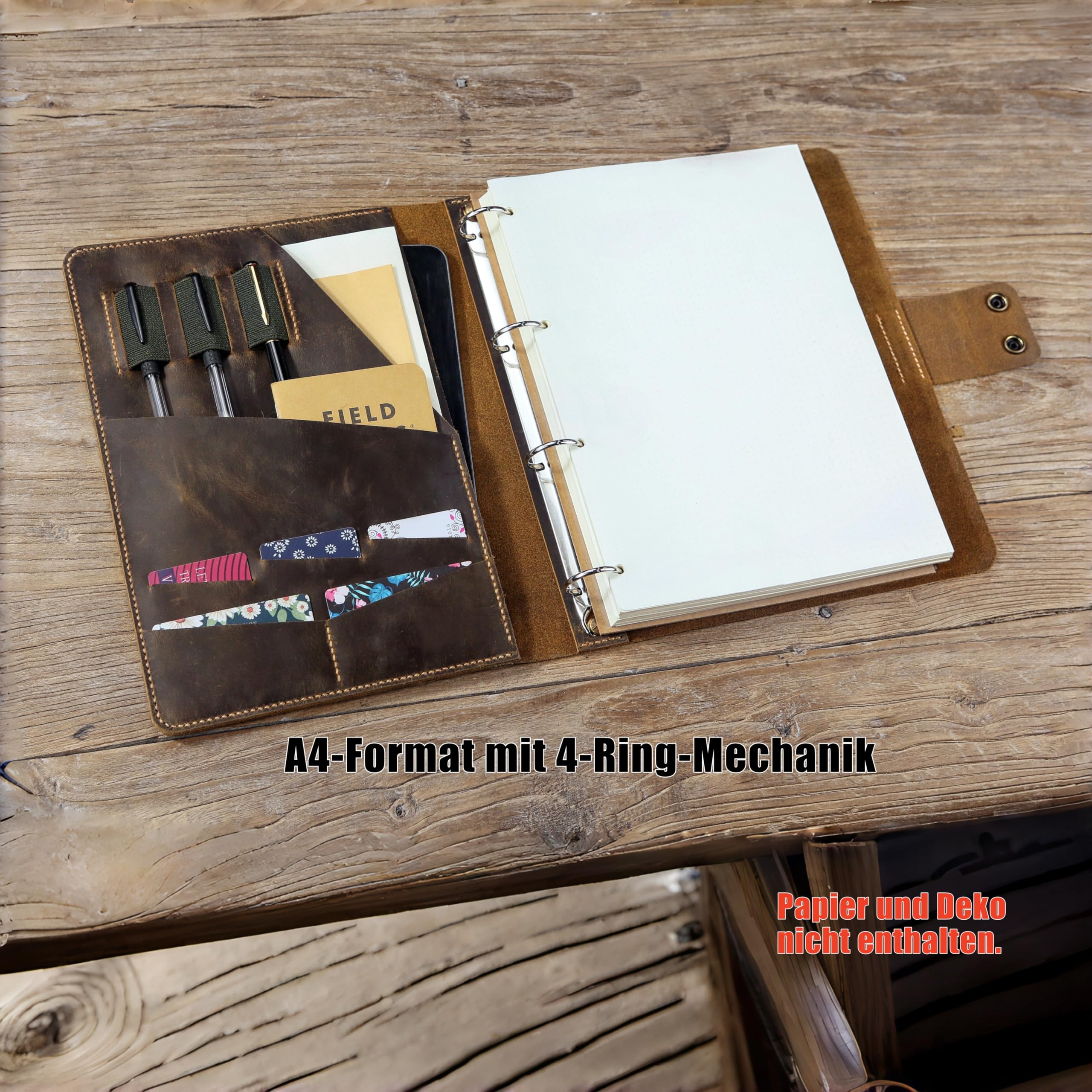 Vintage A4 Leder-Portfolio mit 4-Ring-Mechanik, handgenähte Schreibmappe aus vollnarbigem braunem Leder, Organizer mit Fächern, personalisierbar – Präsentationsmappe fürs Büro & Studium