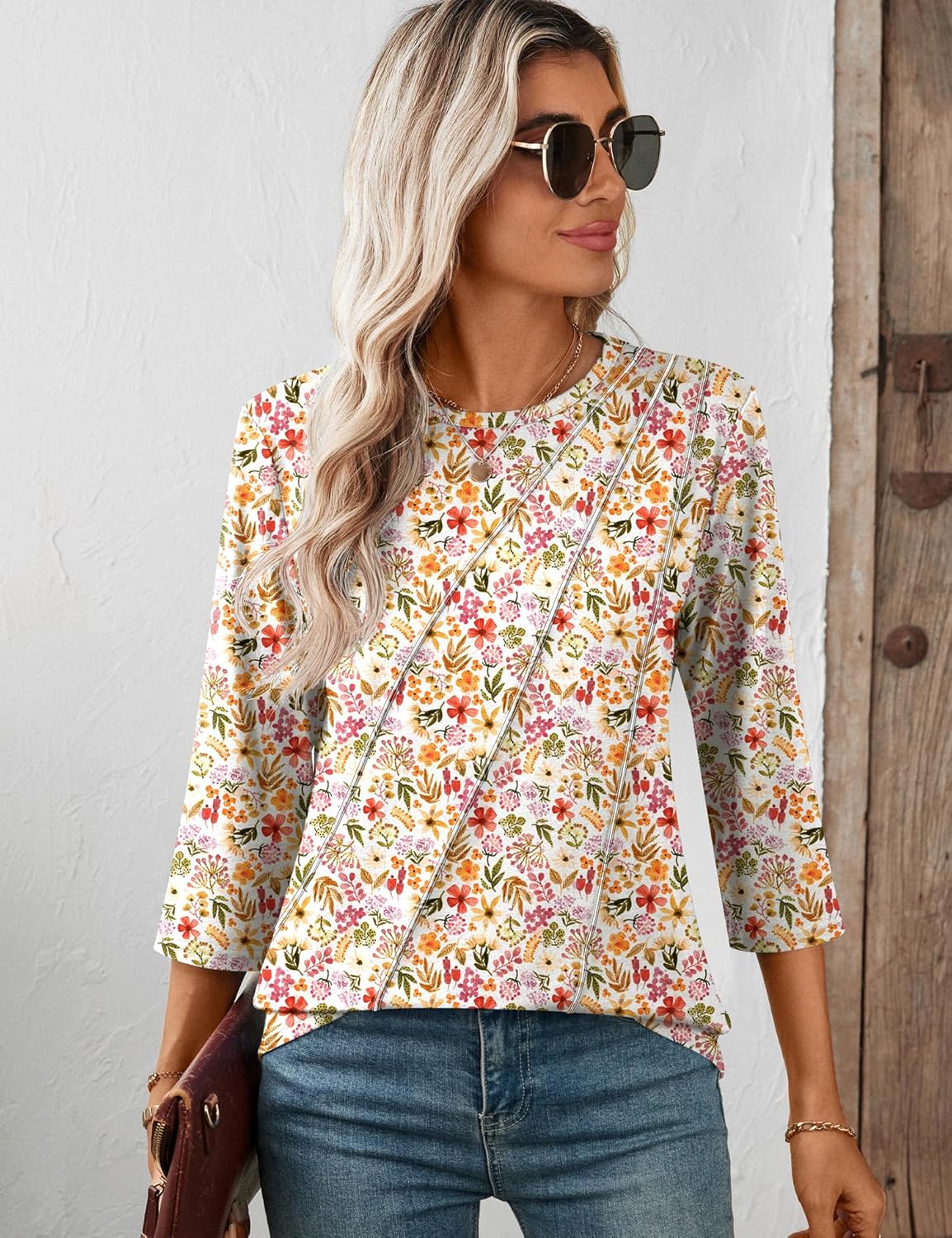 LOMON 3/4 Length Sleeve Womens Tops Spring Summer Fashion 2026 Tops Crew Neck Pleated Shirts Tunic Top Loose Fit - Image 5