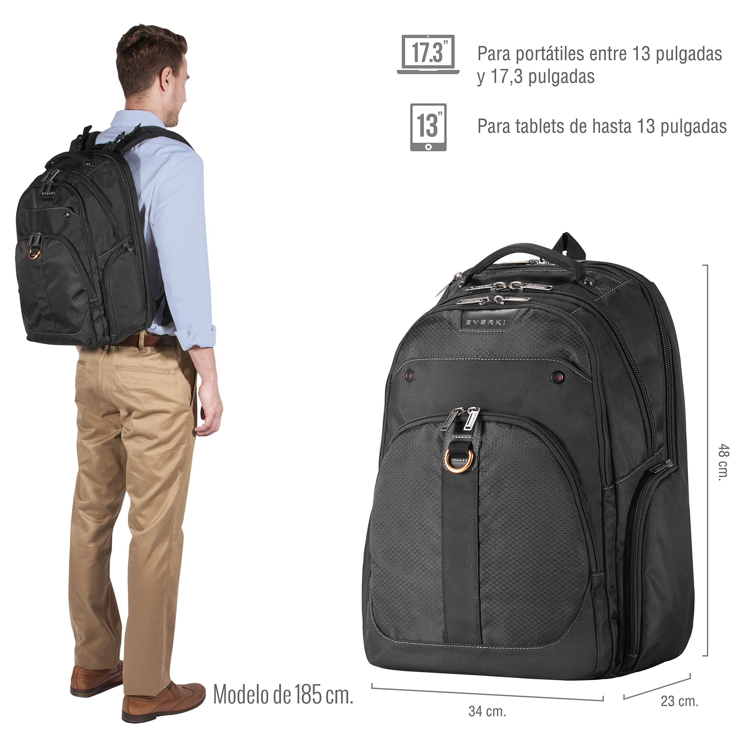 Everki Atlas 17 mochila para portátil 32 L – compartimento ajustable para 13"–17,3", mochila business y de viaje para mujer y hombre, oficina/universidad, bolsa resistente – Negro