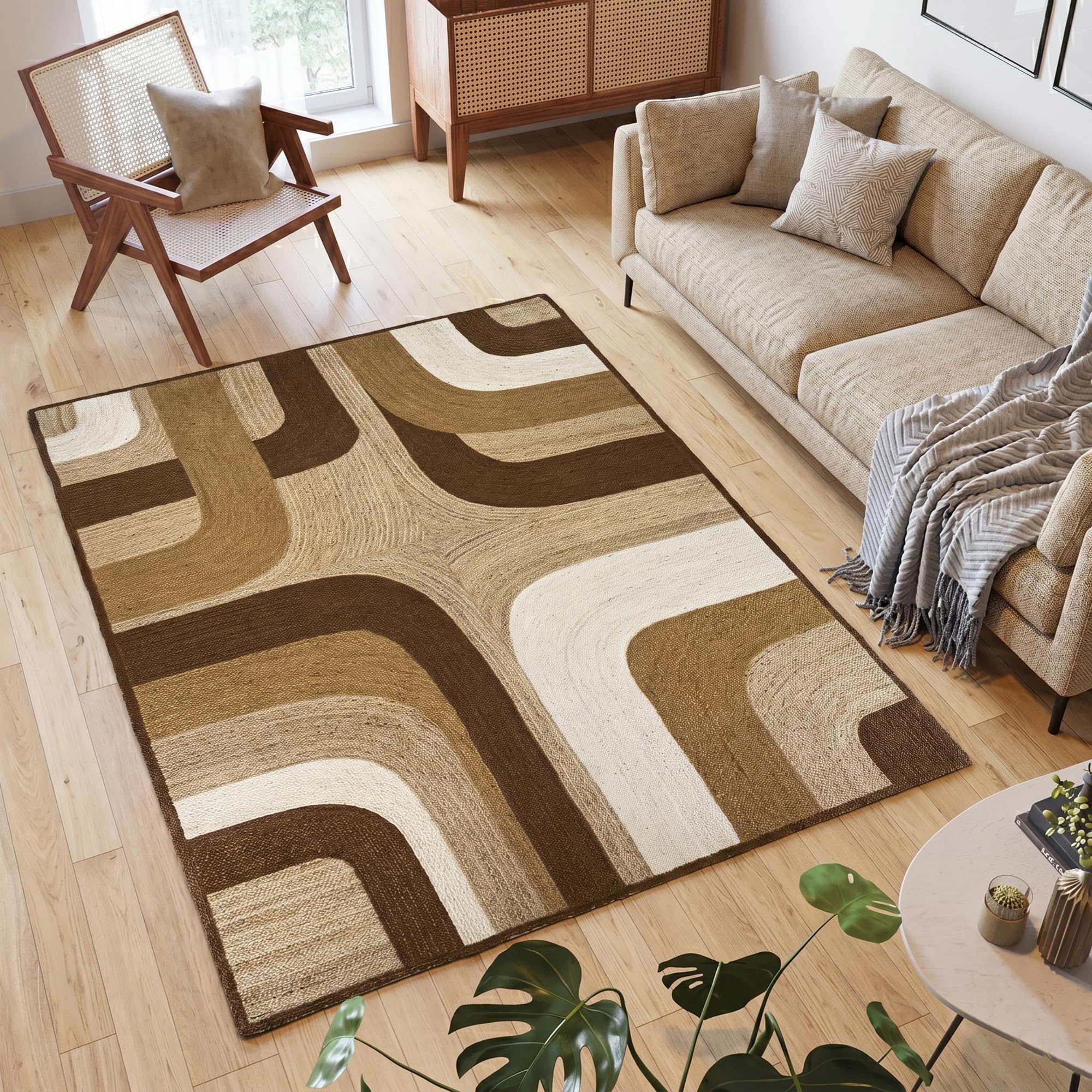 Tapis en jute tressé main 12,7 x 2,4 cm - Tapis géométrique abstrait marron rustique