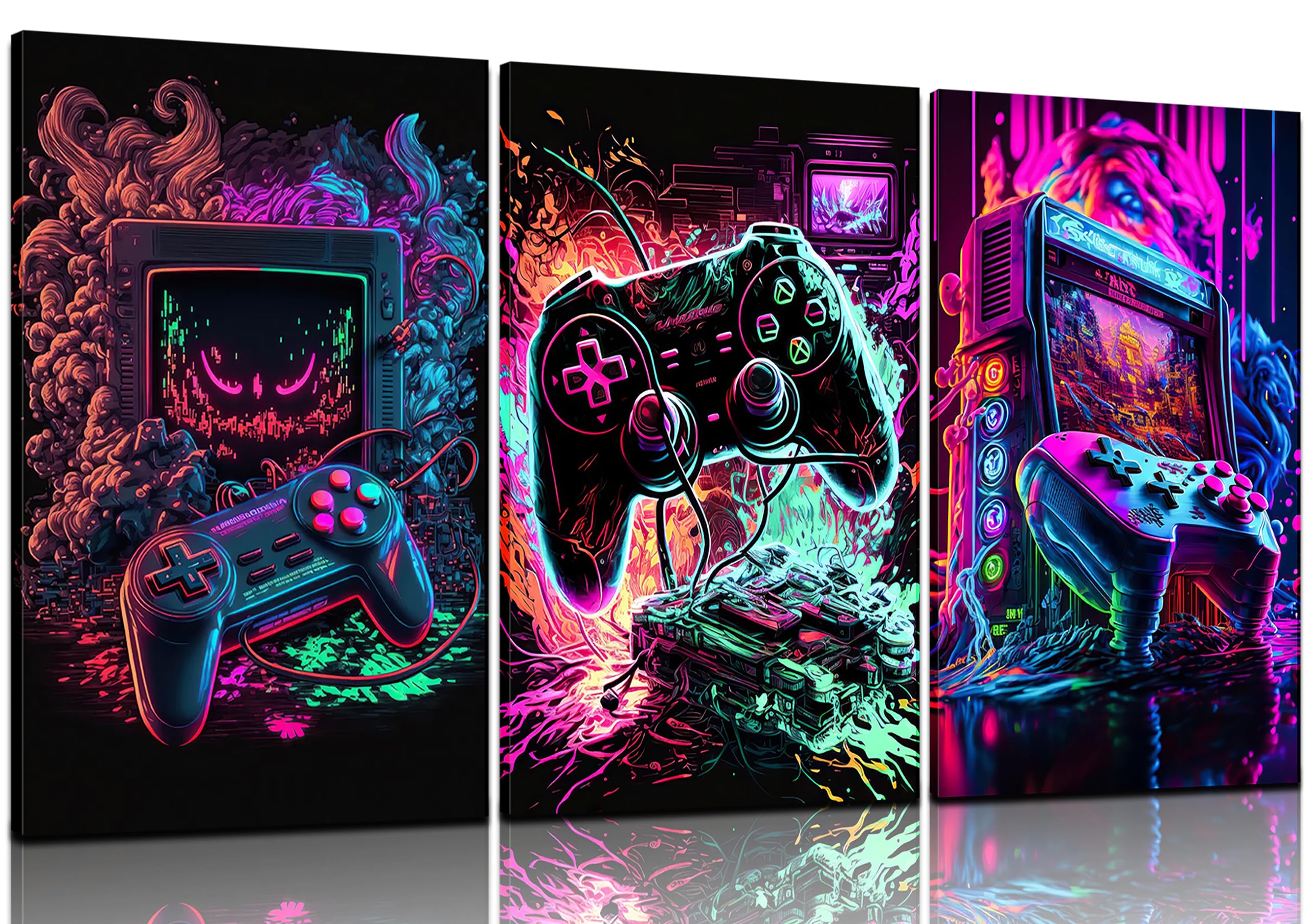 Juego de 3 lienzos para decoración de sala de juegos, póster pintado de gamepad para decoración de pared, decoración de juegos para dormitorio de niños, sala de juegos, decoración del hogar, enmarcado