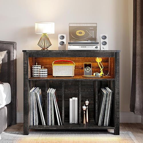 Miniatura 5 de YITAHOME Soporte grande para tocadiscos con tomas de corriente y luces LED, mesa de almacenamiento de discos de vinilo con estante de exhibición