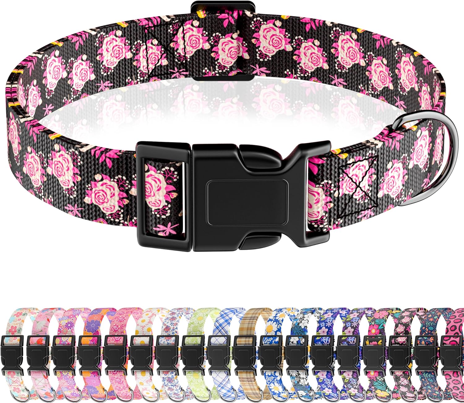 Dog Collar, Cute Floral Puppy Collar for Boys Girls Small Medium Large Dogs, Adjustable Soft Pet Collar Fancy Floral with Quick Release Buckle for Males Females, Black Rose,XS