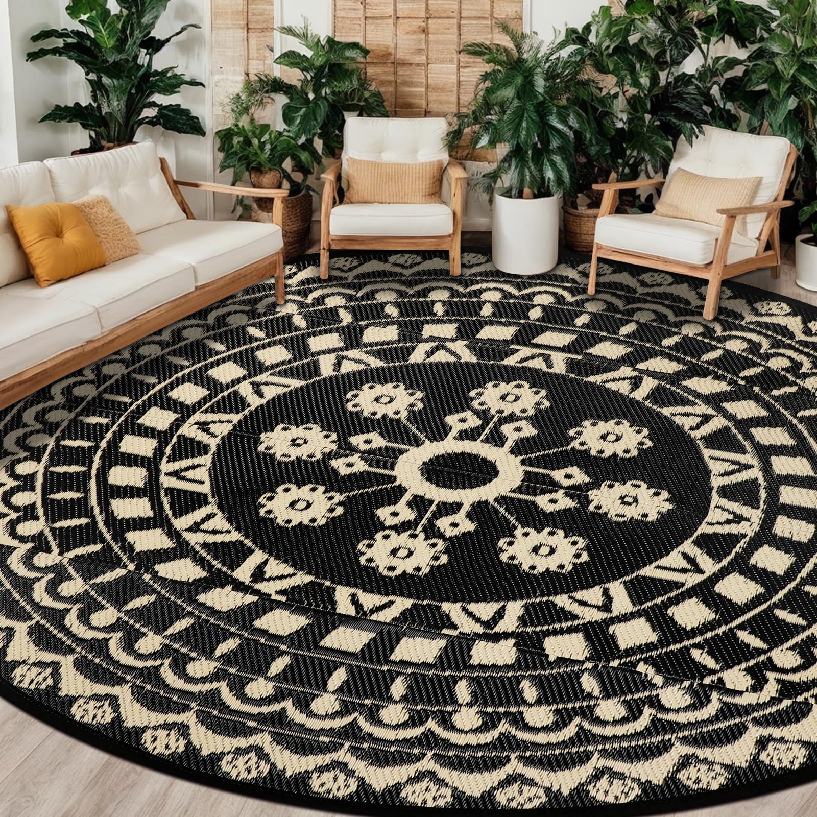 Photo 1 of Capslpad 10Ft Round Outdoor Rug for Patio Reversible Mat Waterproof Plastic Straw Rug Boho Circle Indoor Outside Area Rug for RV Camping Picnic Pool Tent Balcony Beach Deck Doormats Decor, Beige