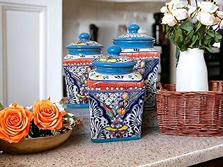 Baby Blue Rim XL Handcrafted Folk Art Talavera Canisters | Mexican Ceramic | Floral & Colorful | Kitchen Storage Jars