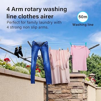 Vivo Technologies 4 Arm 50M Rotary Washing Line Heavy Duty Clothes Airer Dryer for Outdoor & Garden, Folding Large Rotary Clothes Line with Metal Ground Spike and Cover, Black