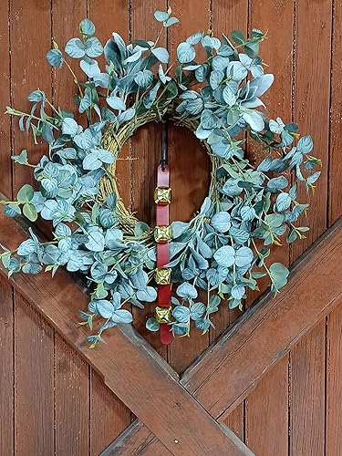 Miniatura 6 de RRD - Campanas colgantes de trineo para puerta 4 campanas colgantes de latón en correa de cuero negro Cascabel multiusos para puerta de trineo de