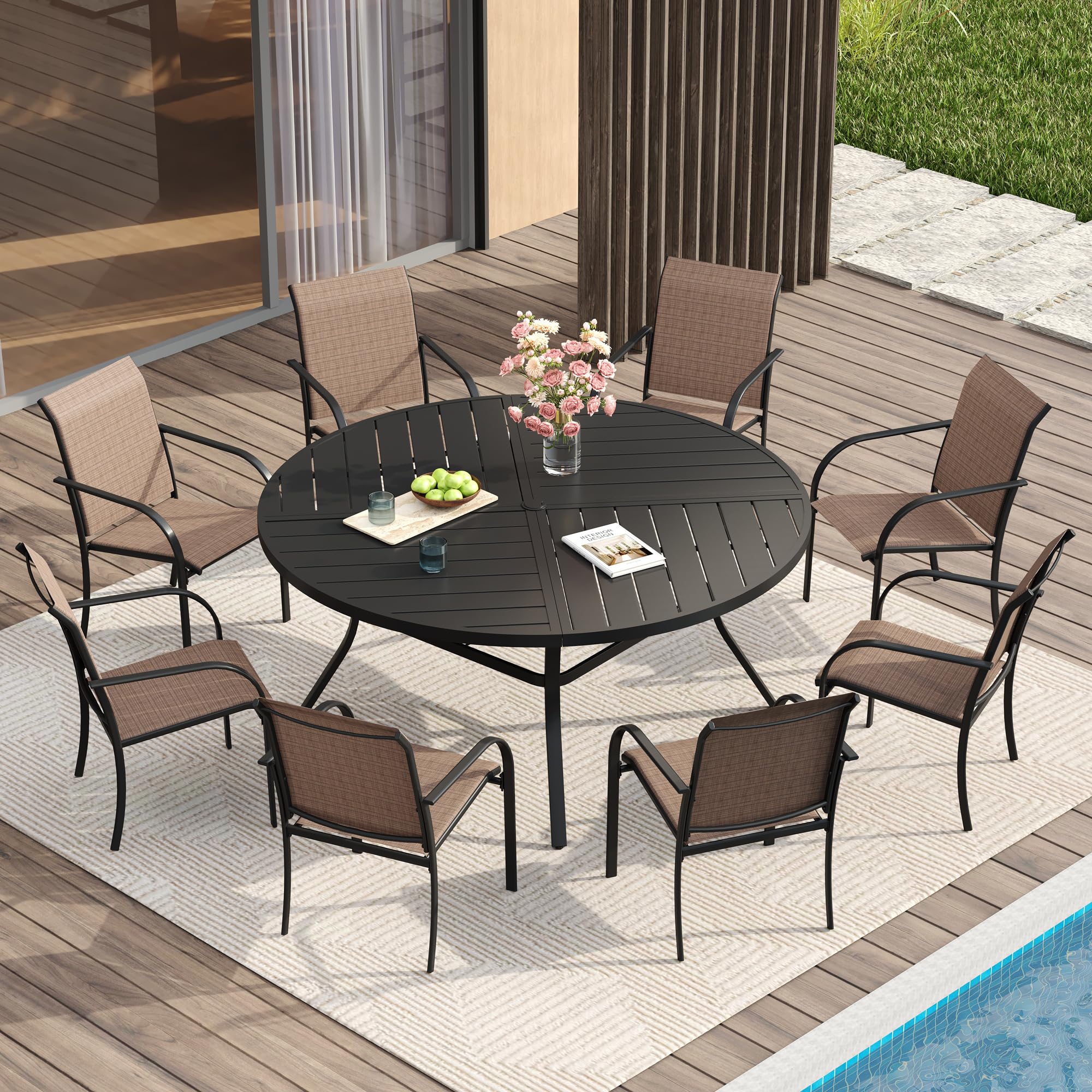 VICLLAX Patio Table and Chair Set of 8, All Weather Metal Round Outdoor Dining Furniture Set-53 Round Outdoor Table and Chairs, Black Tabletop