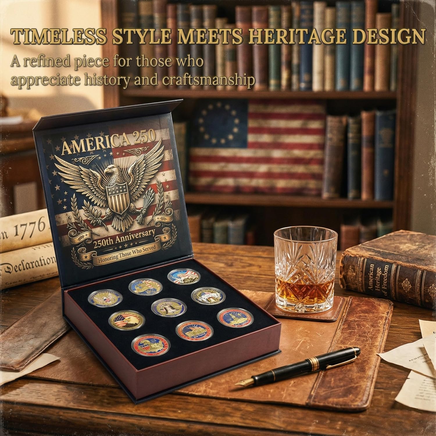 9PCS 250th Anniversary Coin Pack, Patriotic Eagle Metal Coins Set with Storage Case, Vintage Tribute Gift for Veterans Men Dad 2026