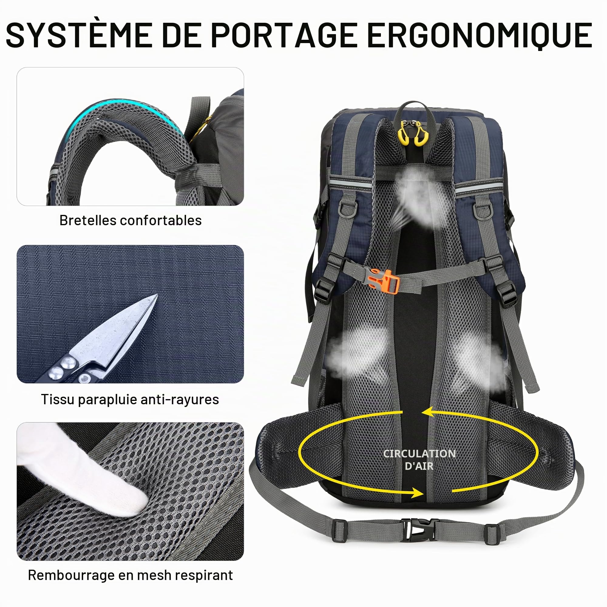 Sac à Dos de Randonnée 50 L, Imperméable Sac de Trekking avec Housse de Pluie, Sac à Dos Grande Capacité Multifonction pour pour Homme Femme Alpinisme Escalade Trekking Voyage Camping