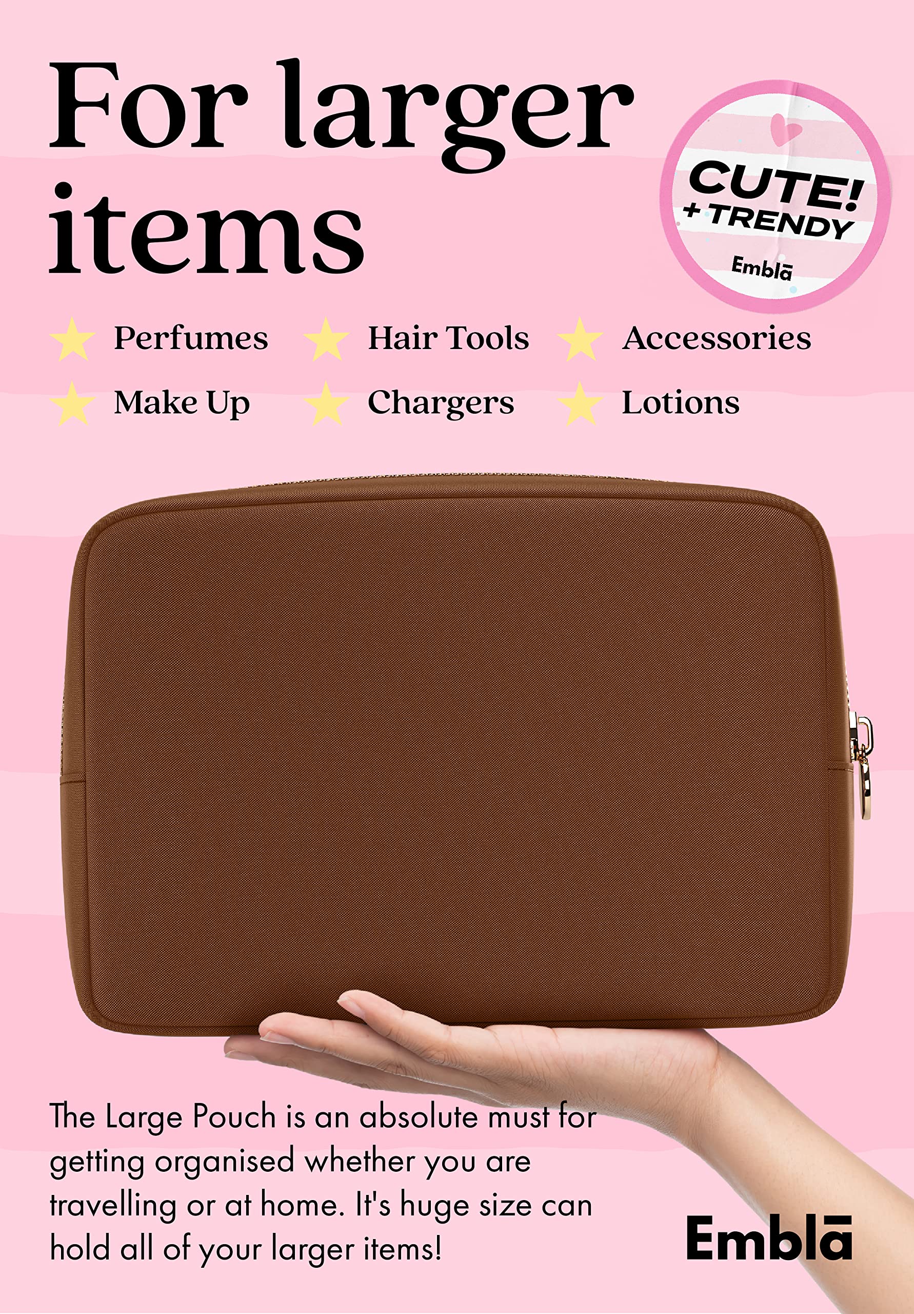 Embla - Bolsa de maquillaje grande y neceser de viaje de nailon impermeable, estuche de cosméticos de gran capacidad con cremallera, marrón oscuro