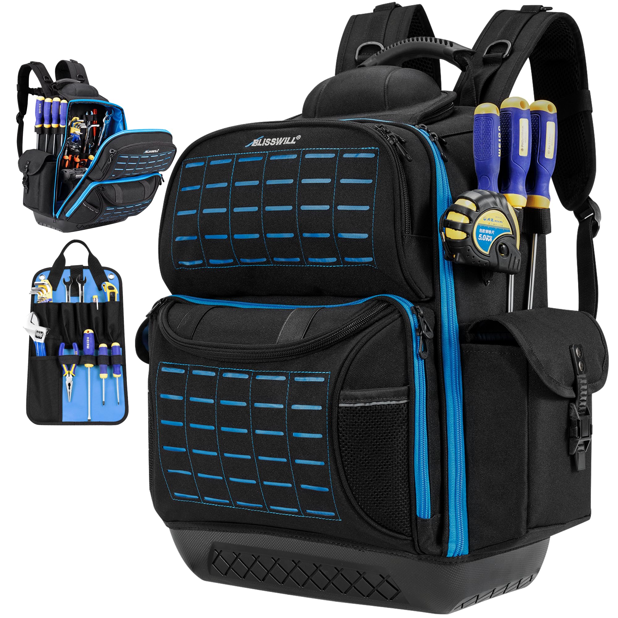 Mochila de herramientas para hombre, mochila de herramientas resistente con base moldeada impermeable, 62 bolsillos/40 bucles, bolsas organizadoras de herramientas resistentes,