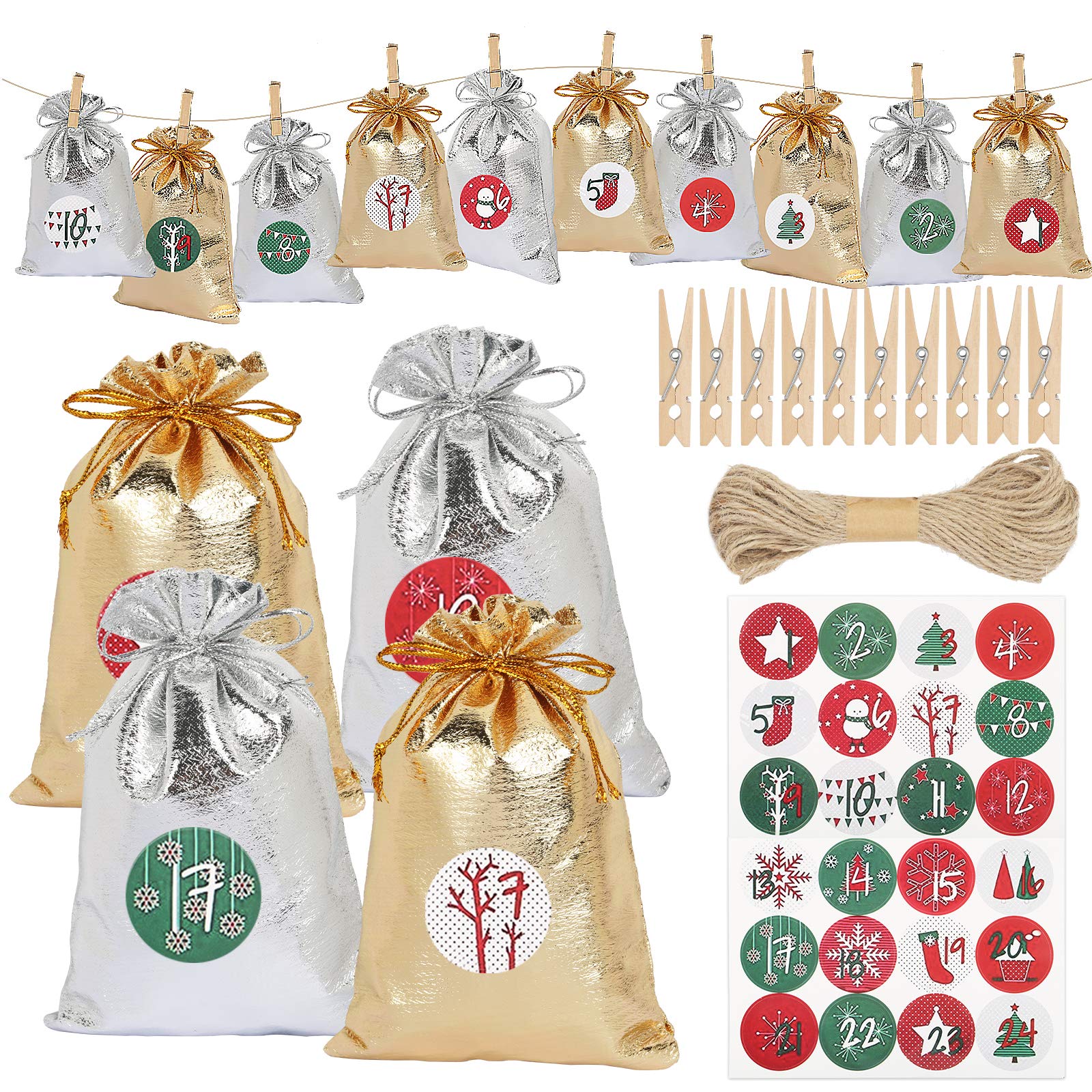AirSMall 50Pcs Bags Set,24 Christmas Countdown Calendar Bag,with 24 Clips,24 Stickers,Make Your Own Fill Advent Calendar,Resusable Hanging DIY Calendar for Christmas Tree Decorations