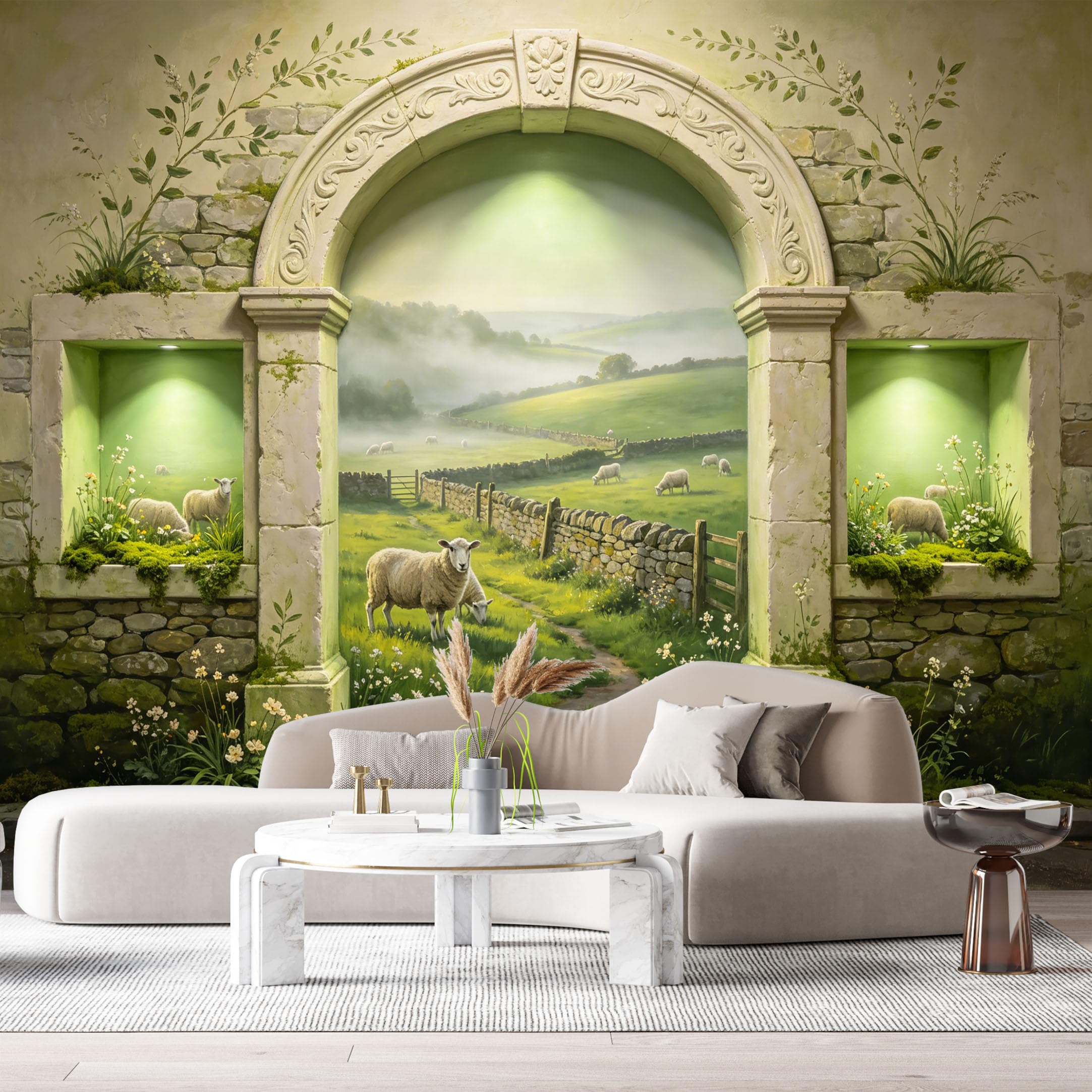 Custom Size Wall Murals Stone Archway Sheep Pastoral Farmhouse 3D Trompe L'Oeil SelfAdhesiveWall Fabric Removable Wallpaper Wall Decor for Living Room Bedroom Bathroom